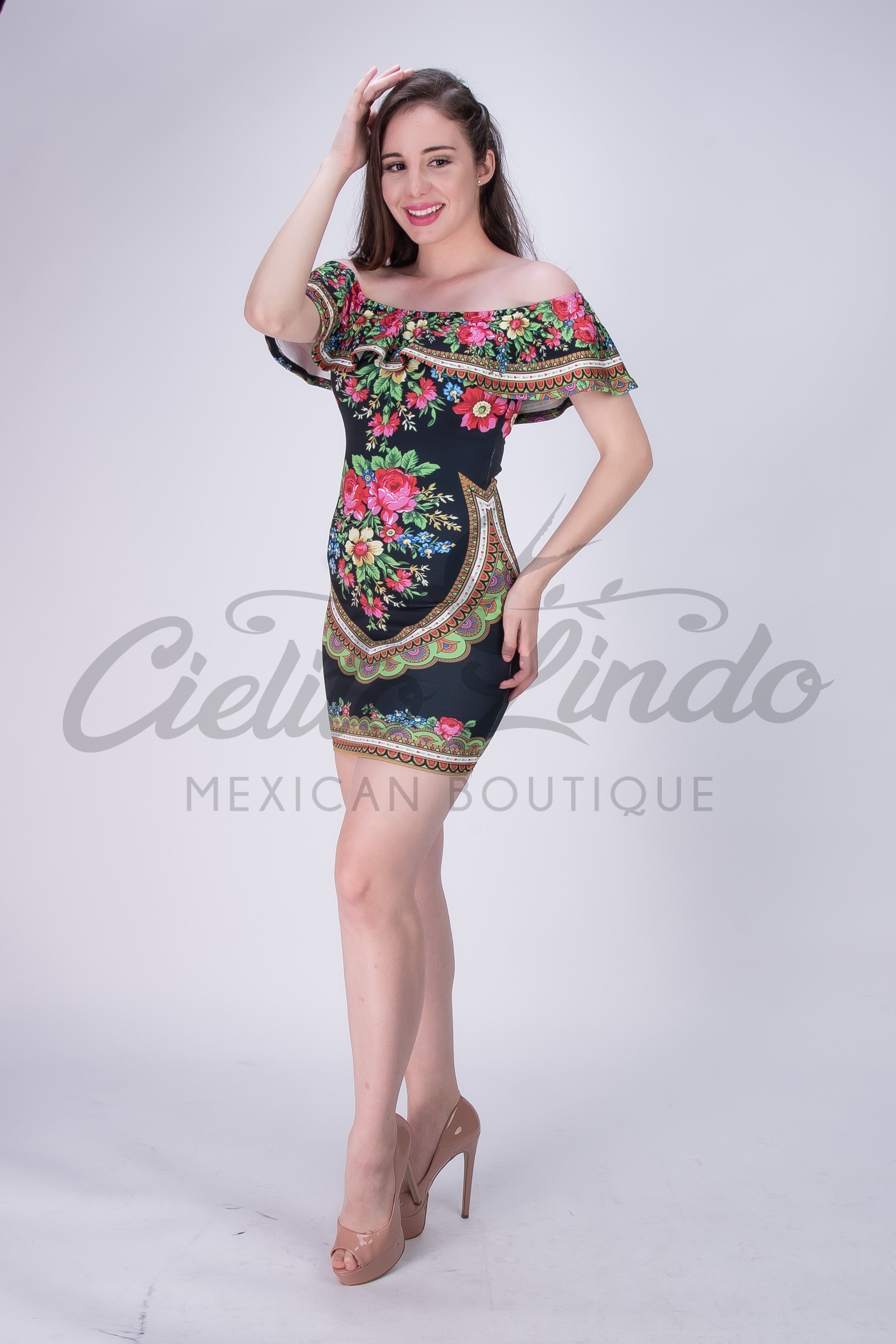 Mexican Patria Printed Dress Black