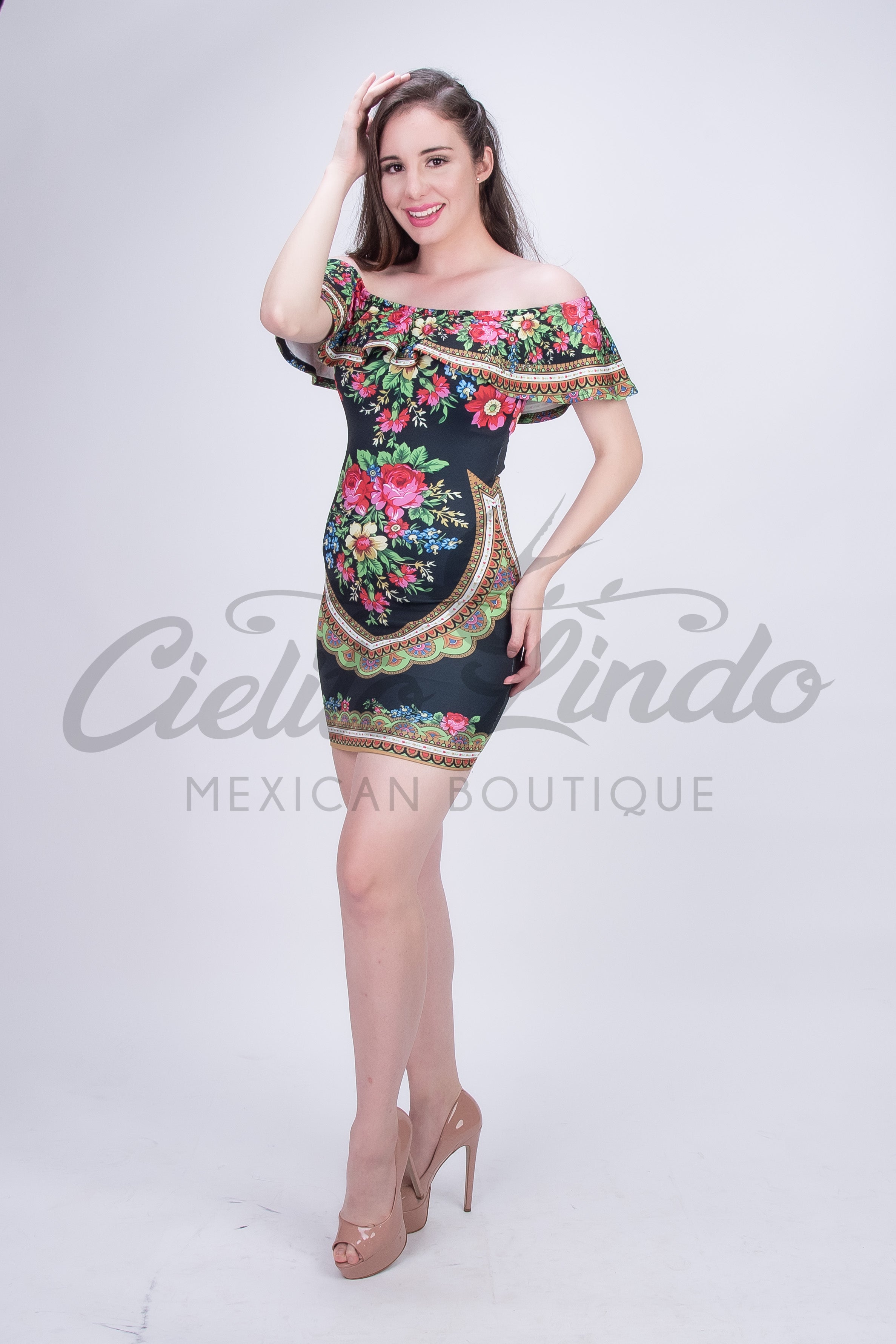 Mexican Patria Printed Dress Black
