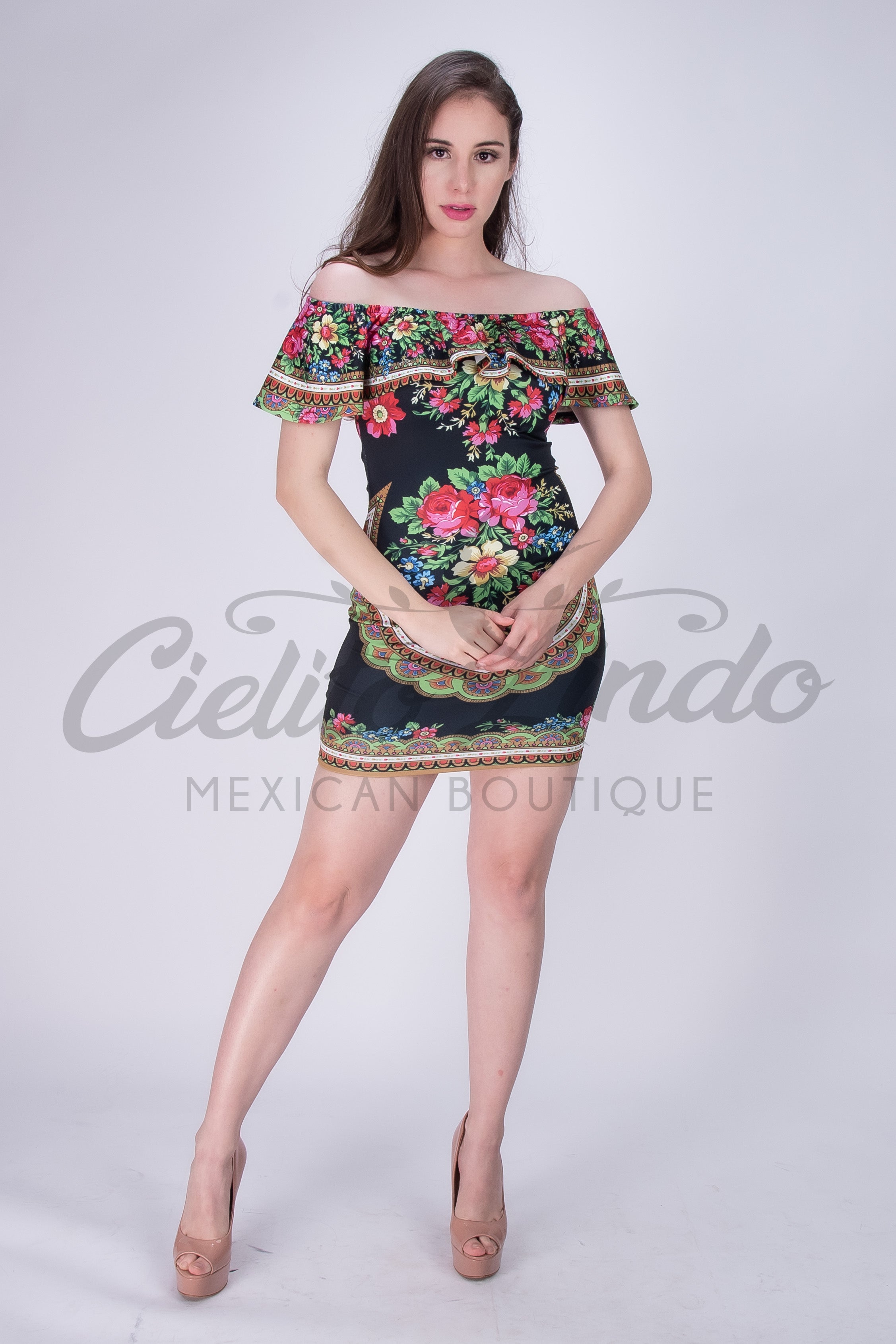 Mexican Patria Printed Dress Black