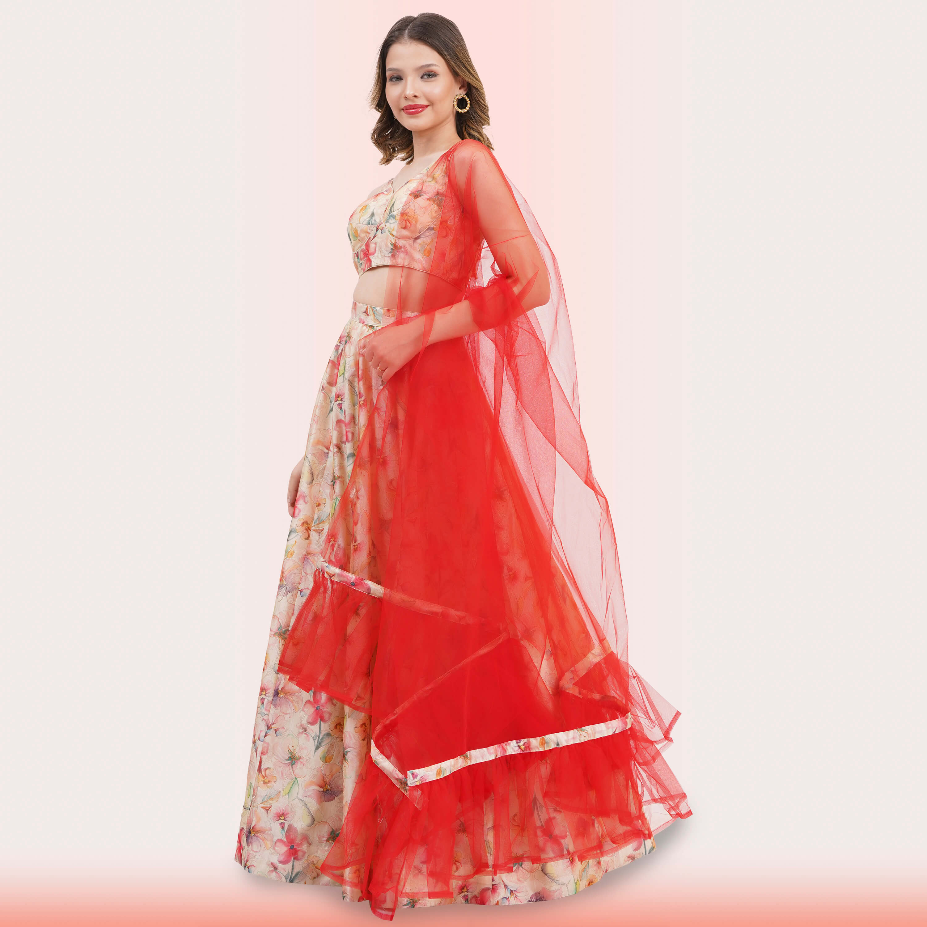 Custom-Designed Floral Lehenga Choli Set with Ruffled Dupatta