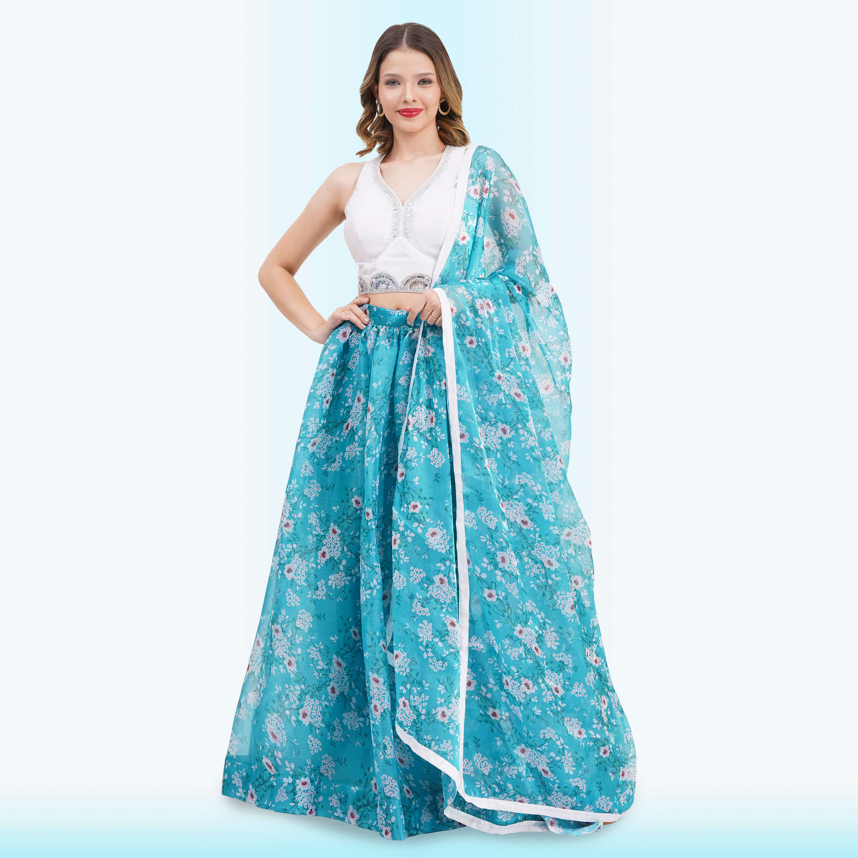 Custom-Designed Serene Turquoise Floral Lehenga Choli