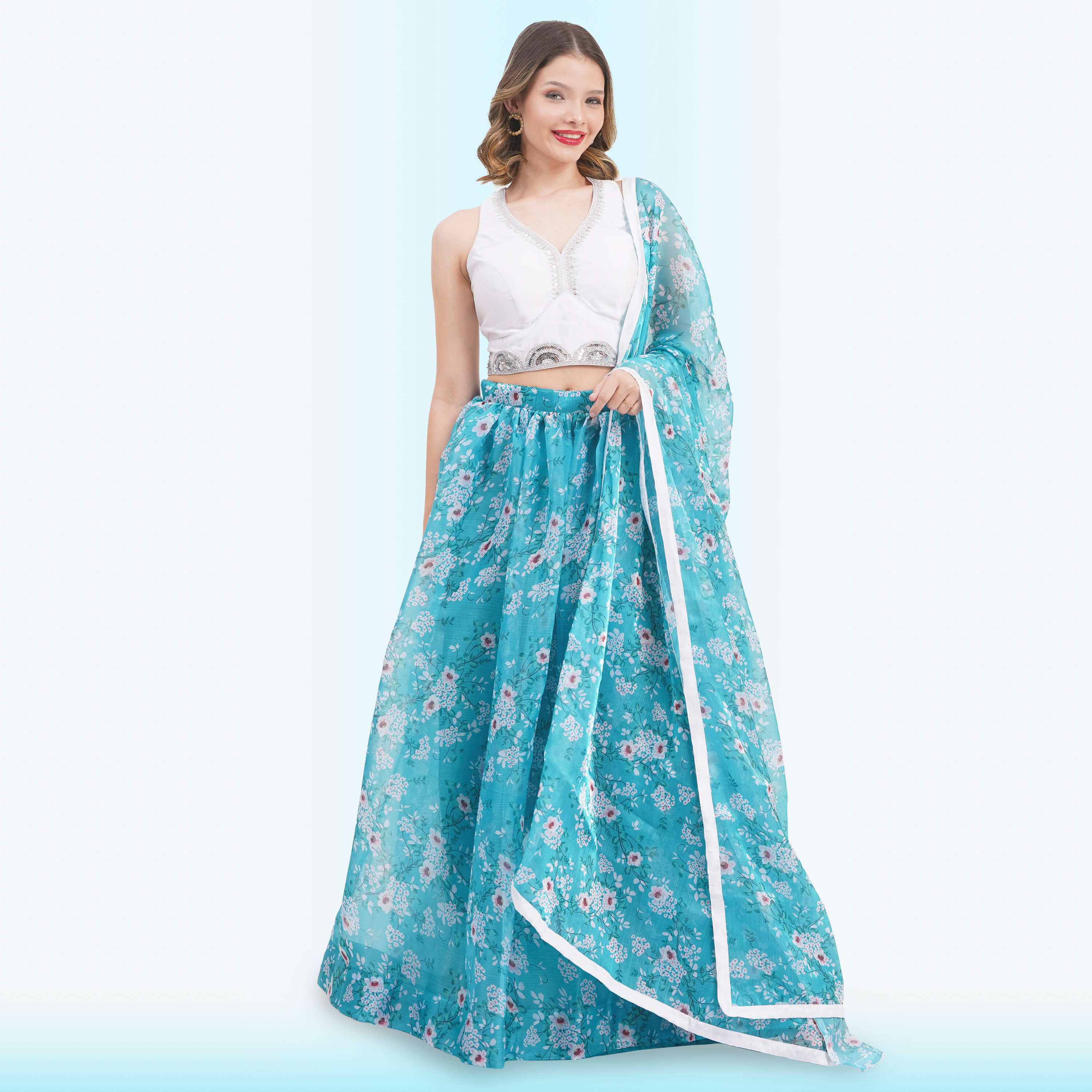 Custom-Designed Serene Turquoise Floral Lehenga Choli