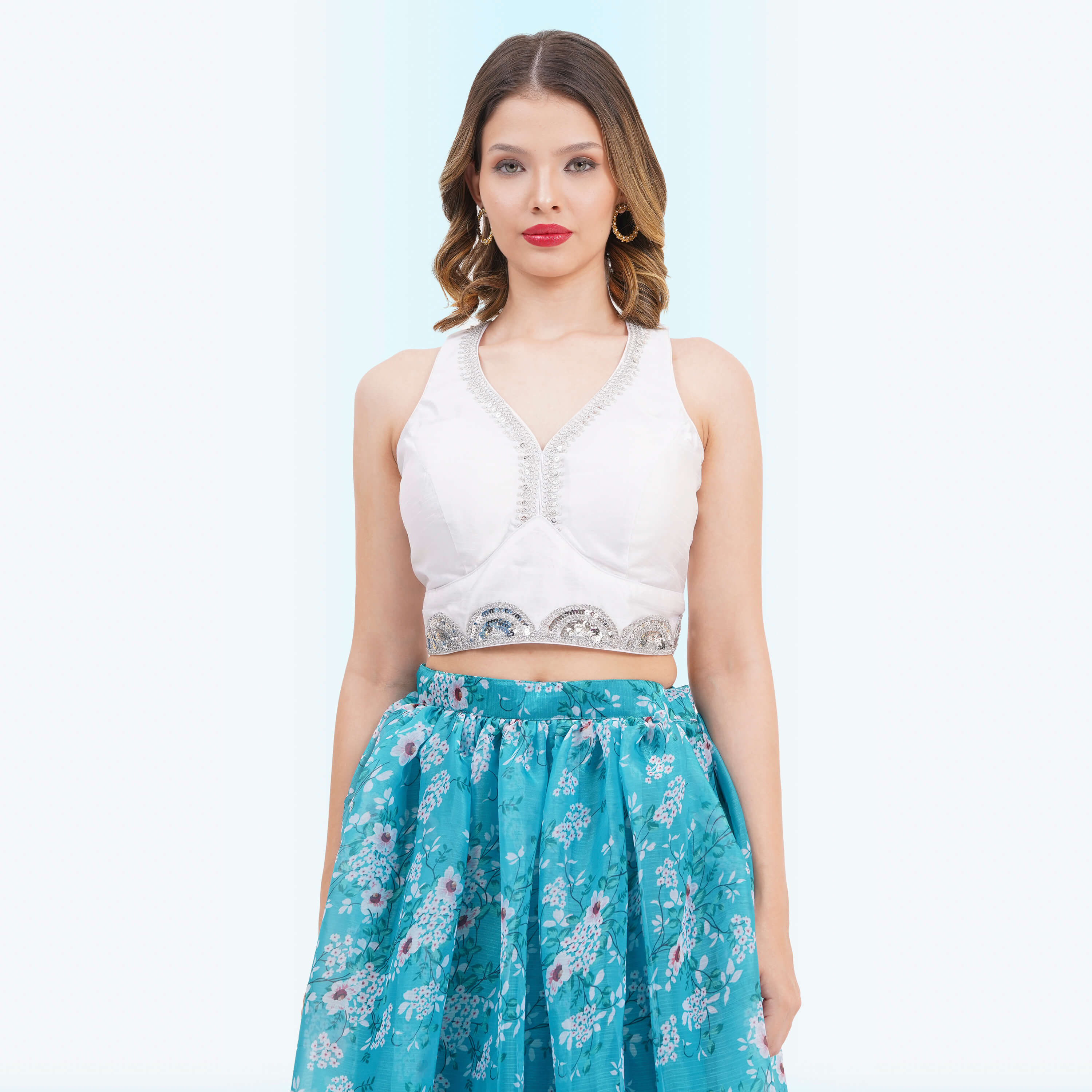 Custom-Designed Serene Turquoise Floral Lehenga Choli