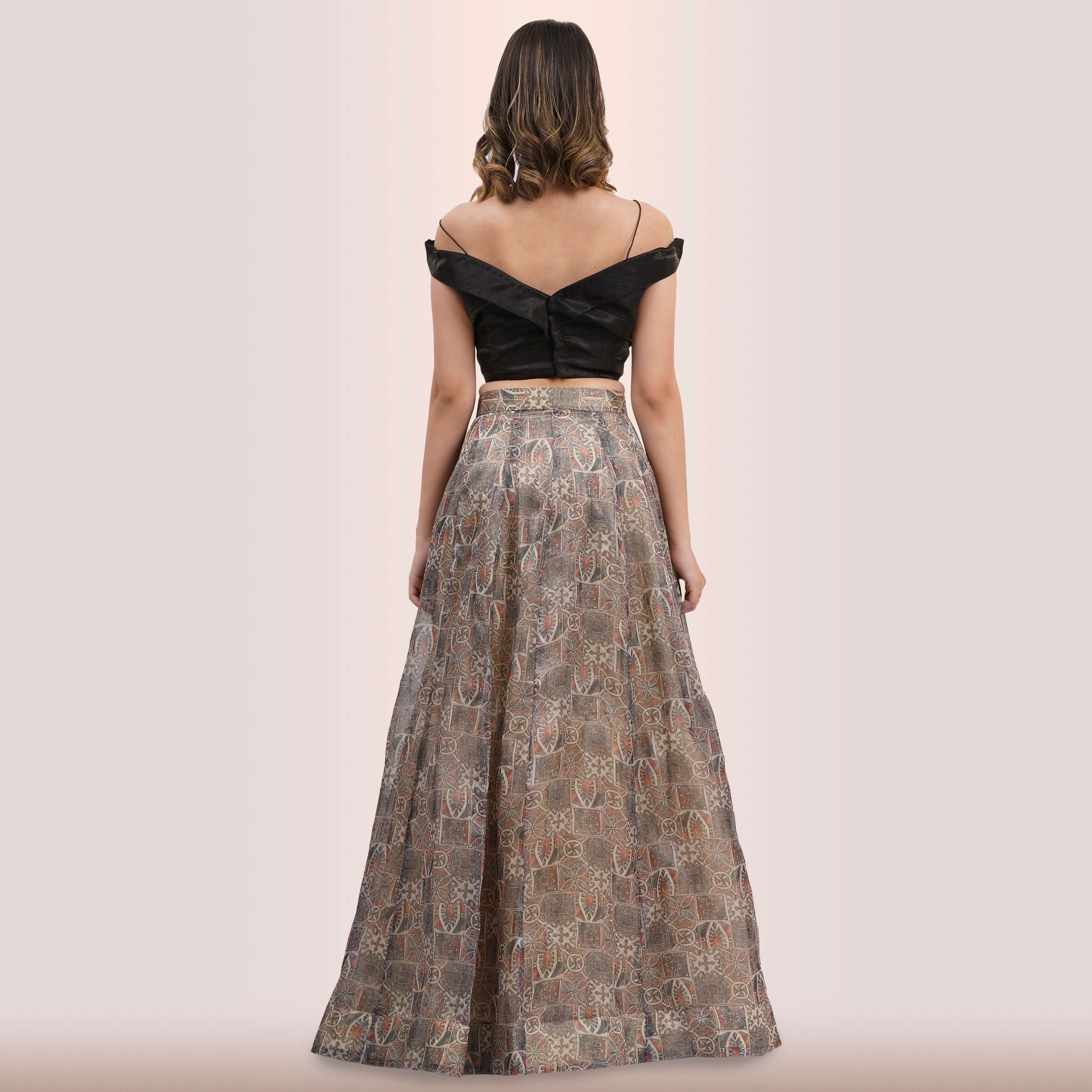 Contemporary Charcoal & Muted Print Lehenga Choli Set