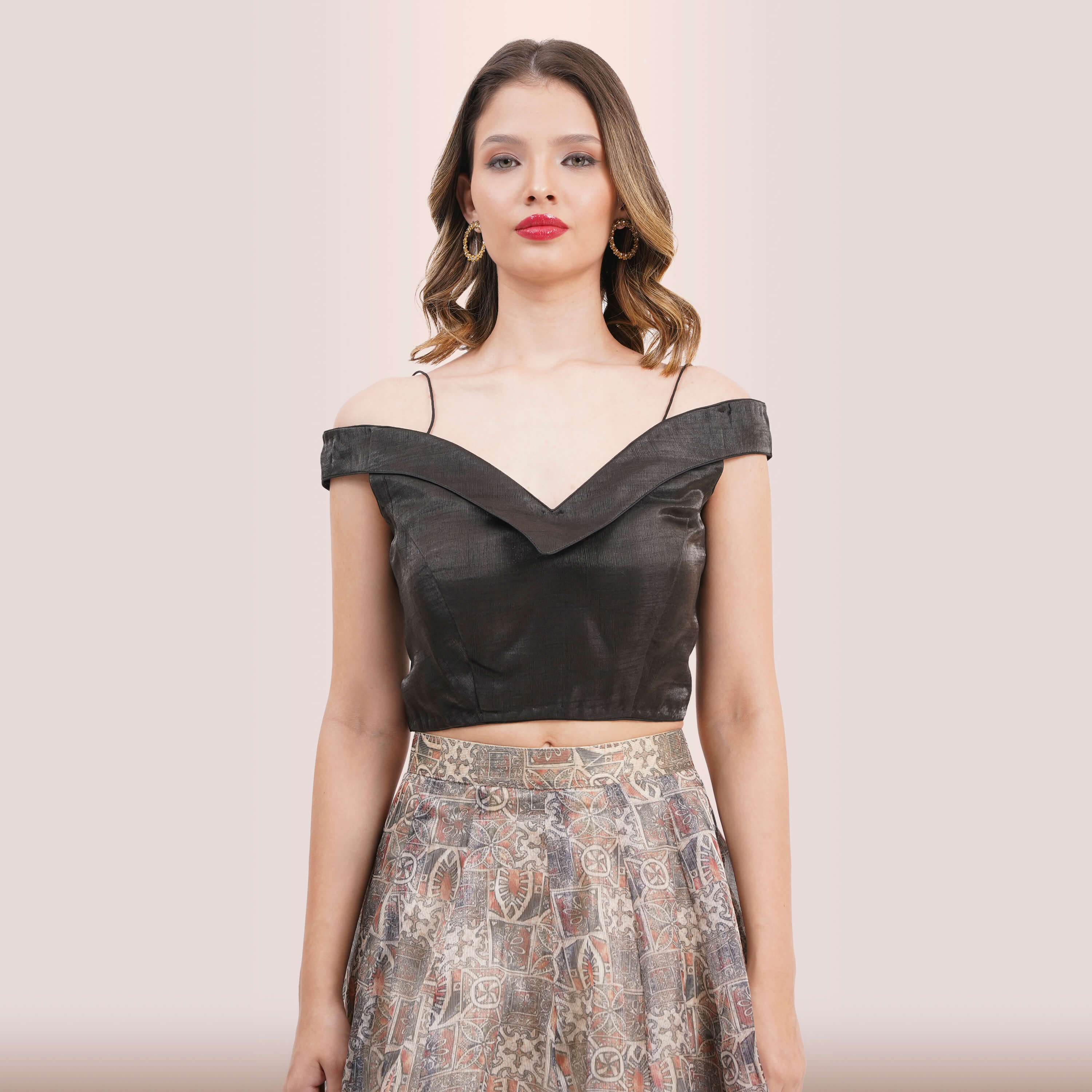 Contemporary Charcoal & Muted Print Lehenga Choli Set
