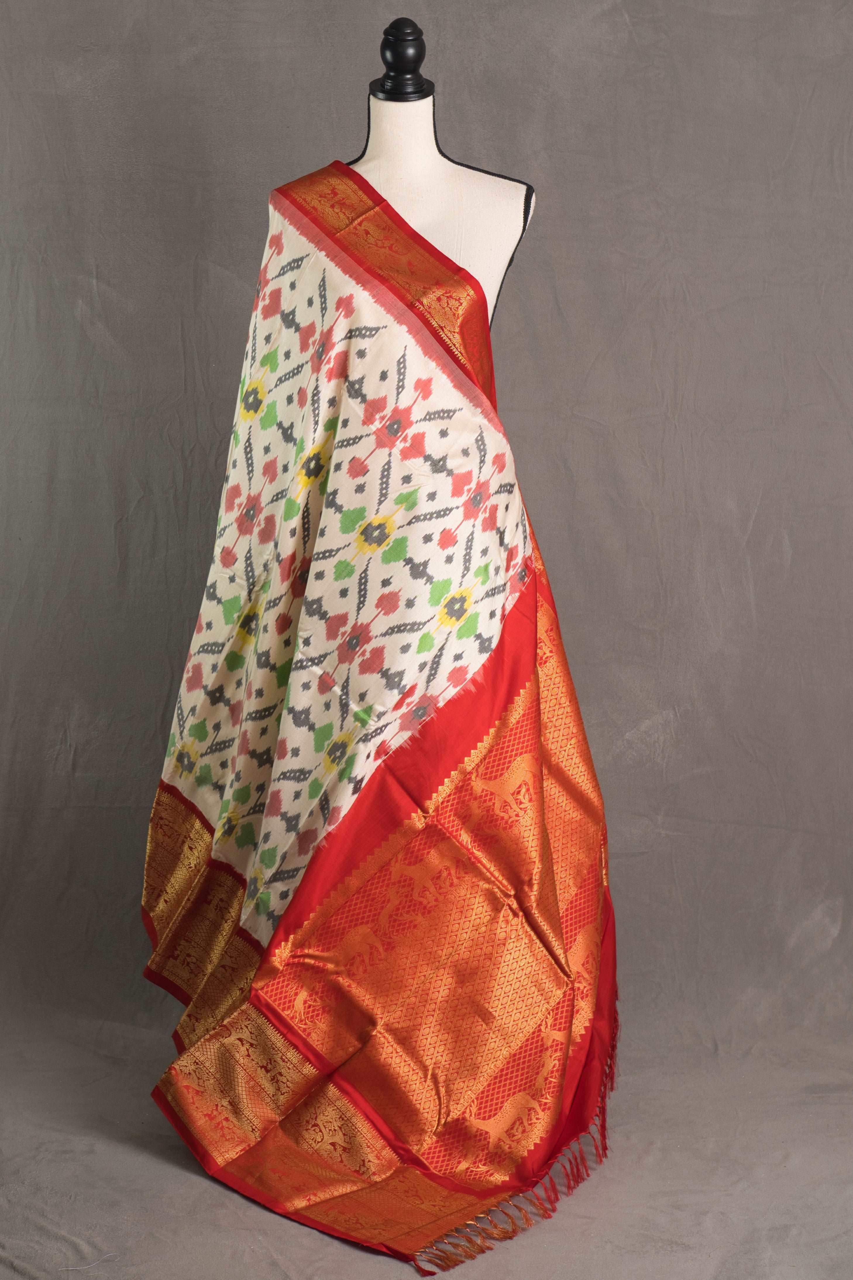 Ikkat Pochampally Saree with Kanjivaram Saree in Off White and Red