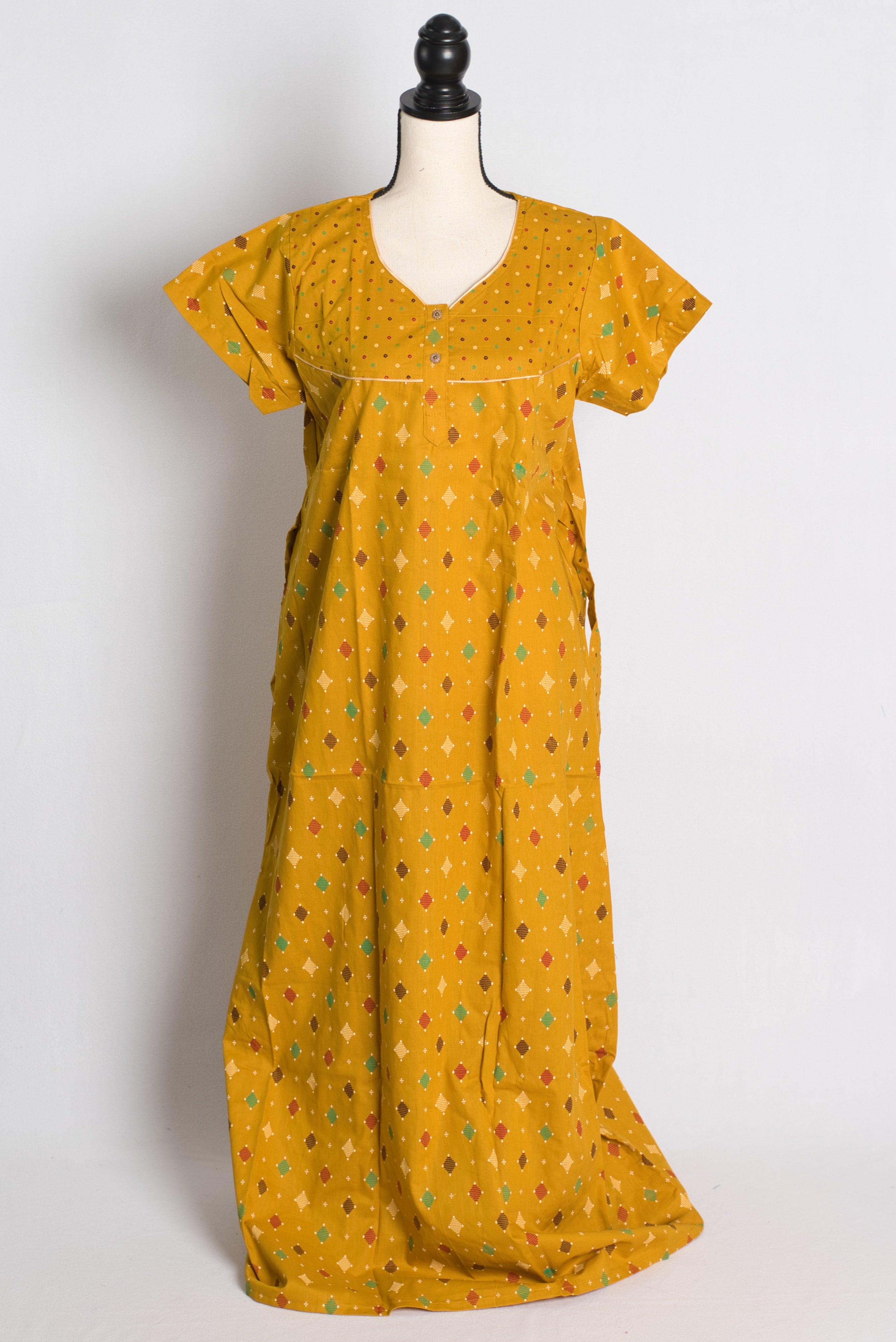 Yellow Ikkat Print Pure Cotton Indian Women Nighty
