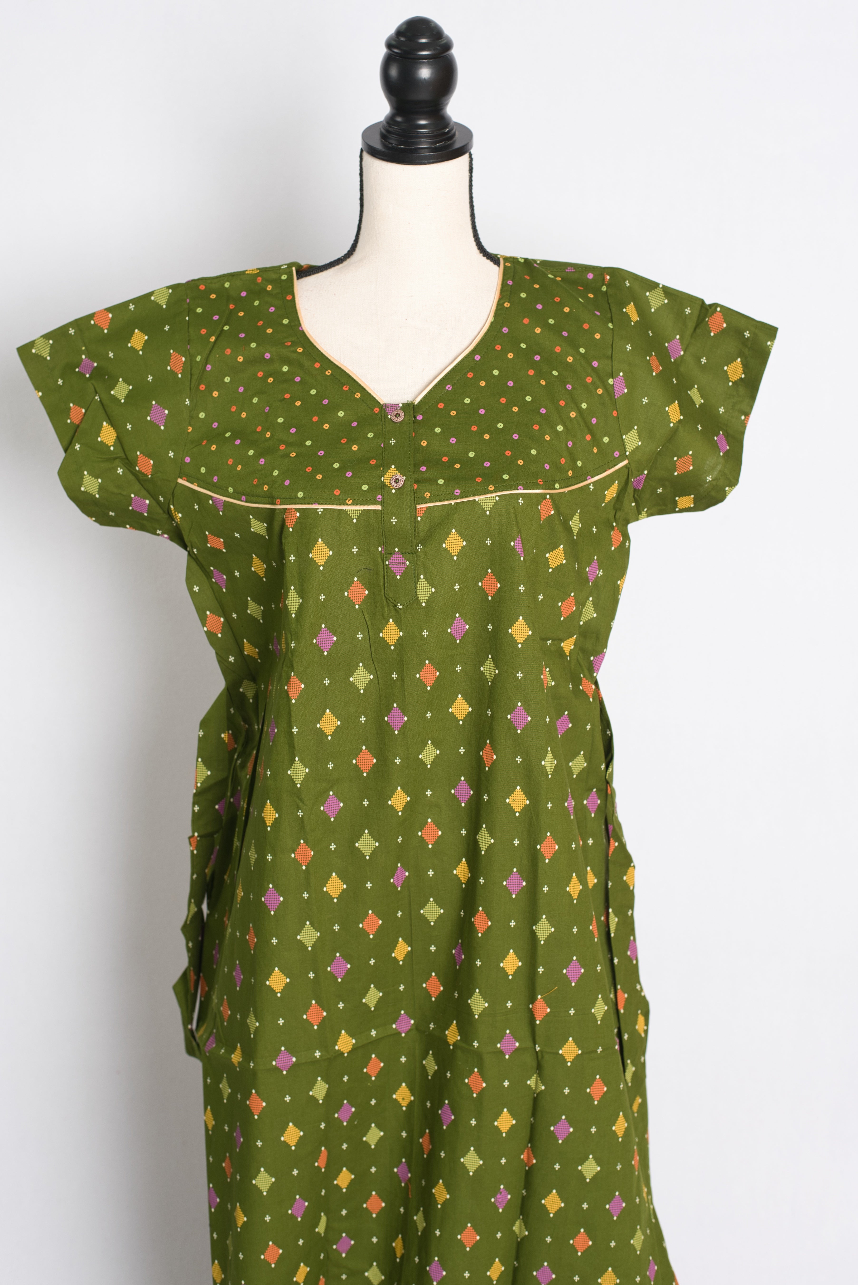 Green Ikkat Print Pure Cotton Indian Women Nighty