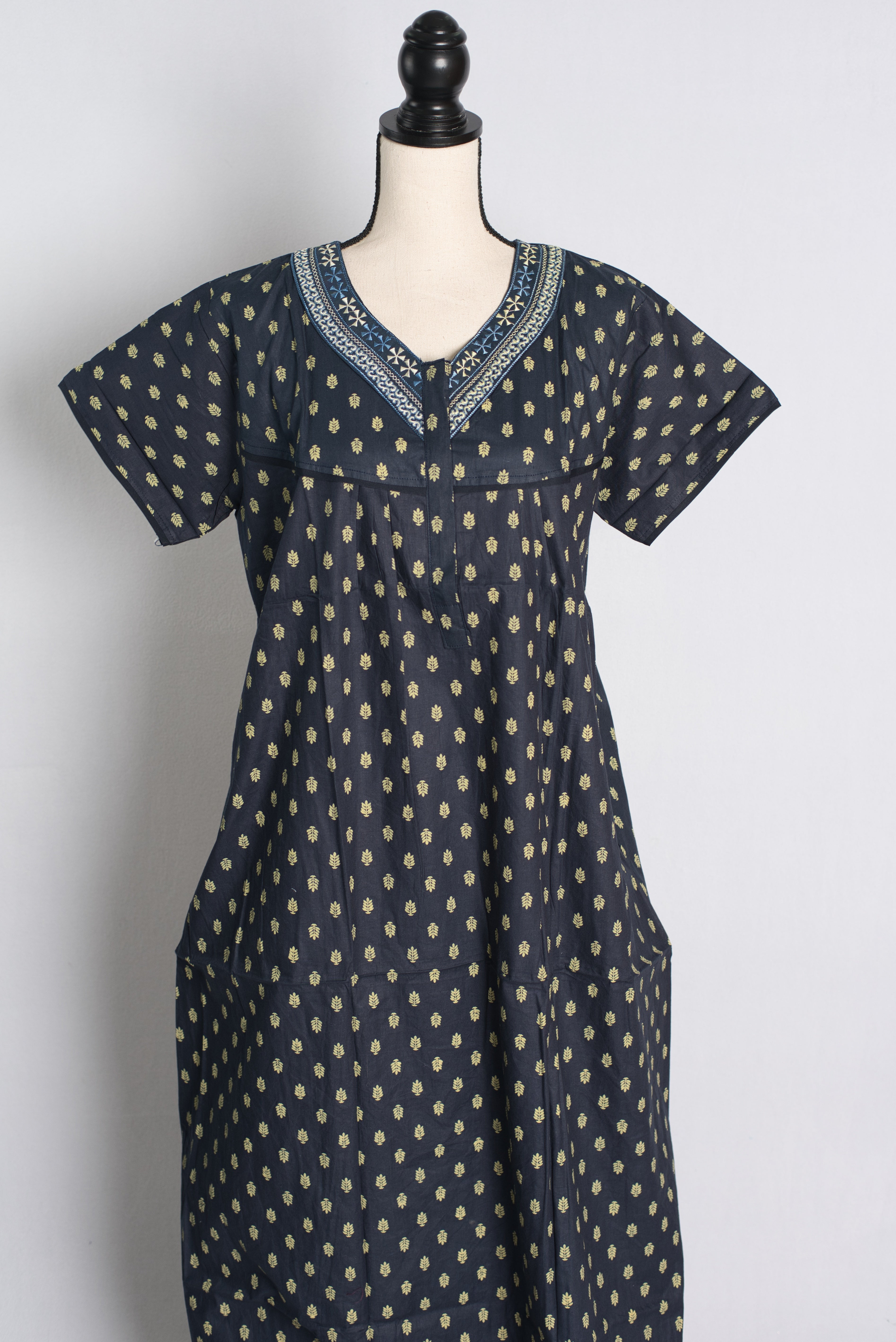 Pure Cotton Black Embroidered Indian Nighty