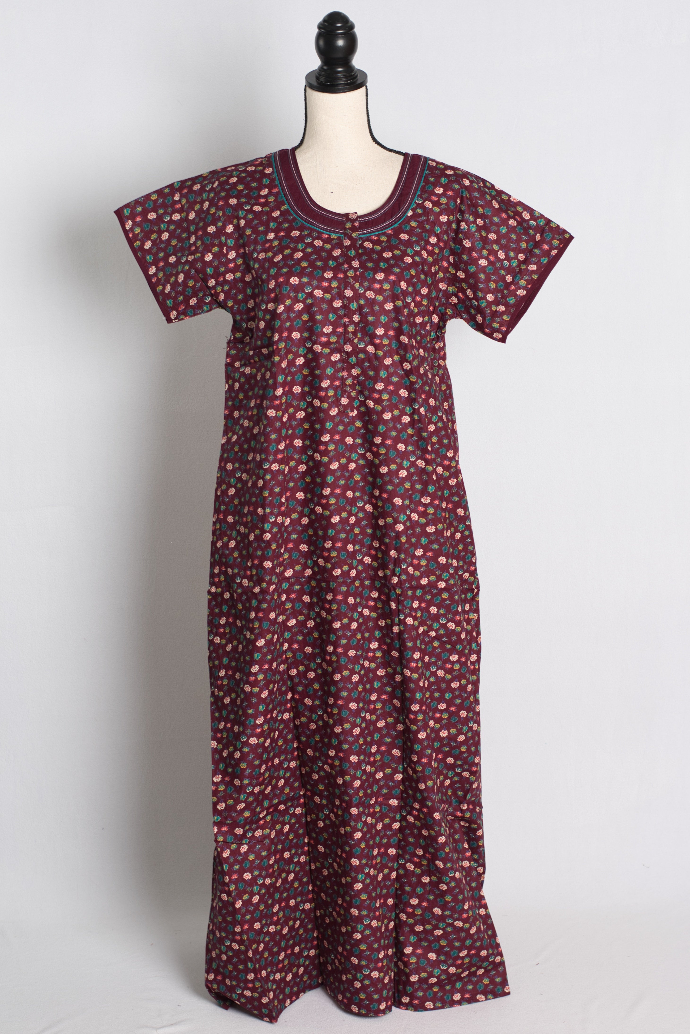 Pure Cotton Maroon Floral Printed Indian Nighty