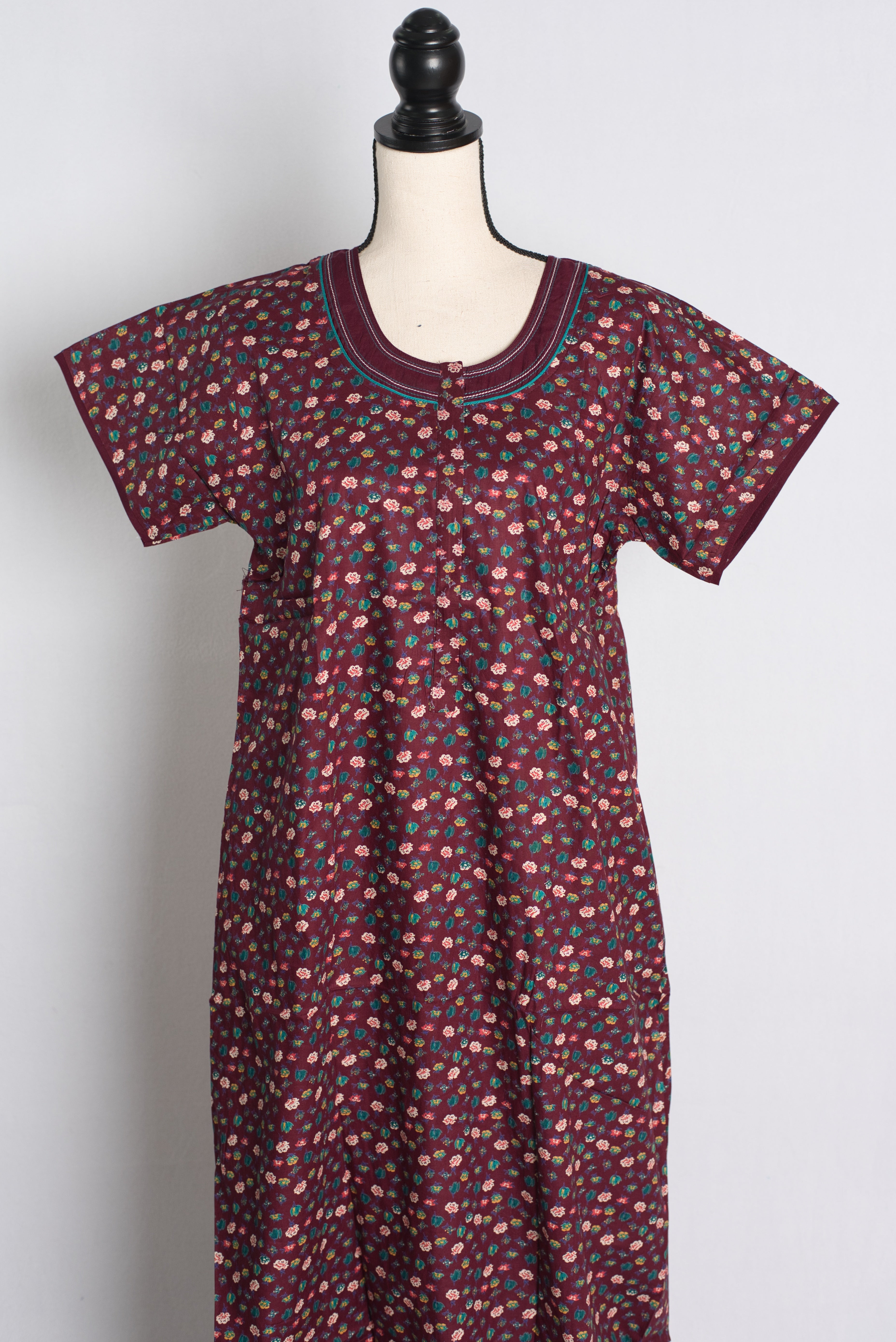 Pure Cotton Maroon Floral Printed Indian Nighty