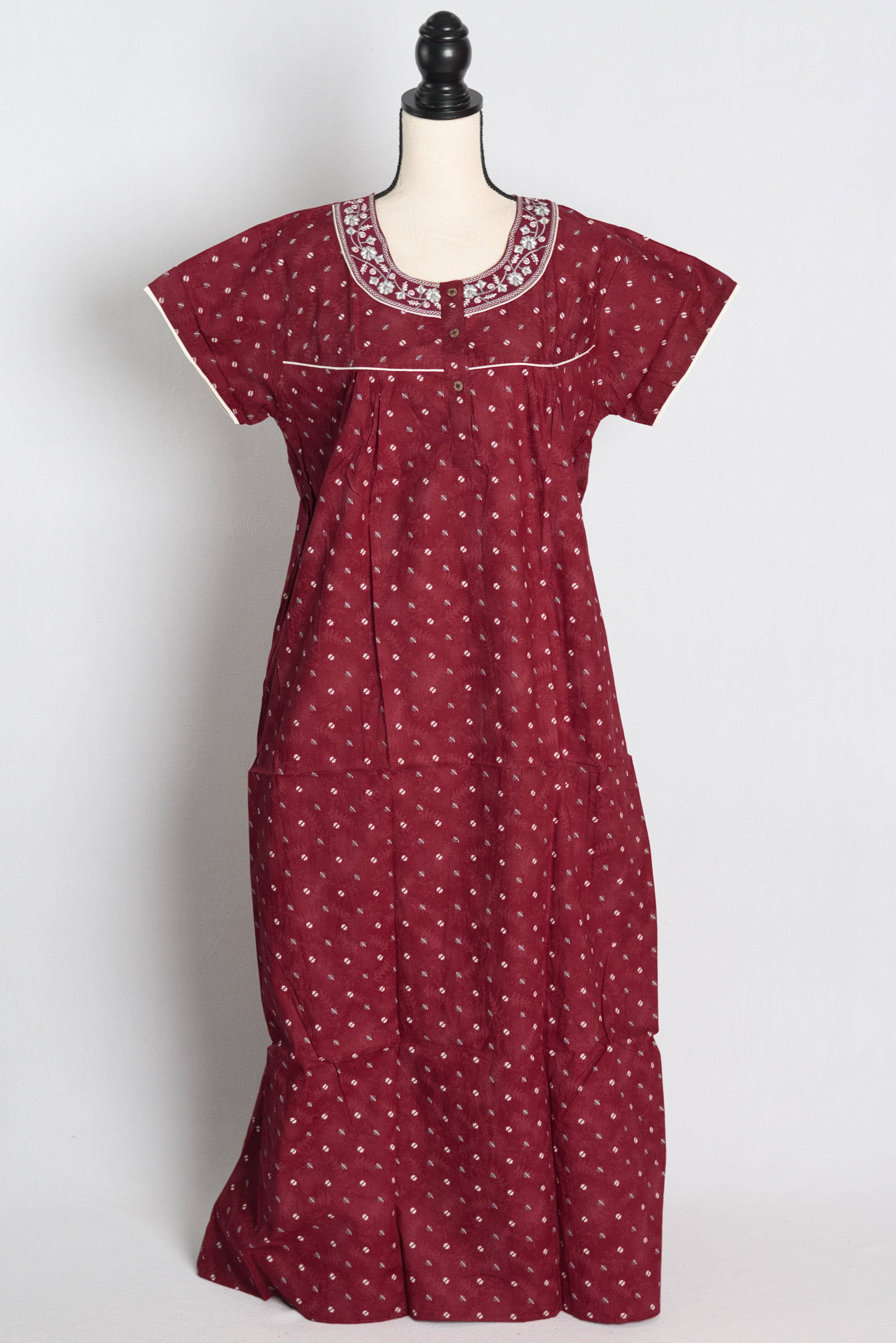 Pure Cotton Maroon Embroidered Indian Nighty