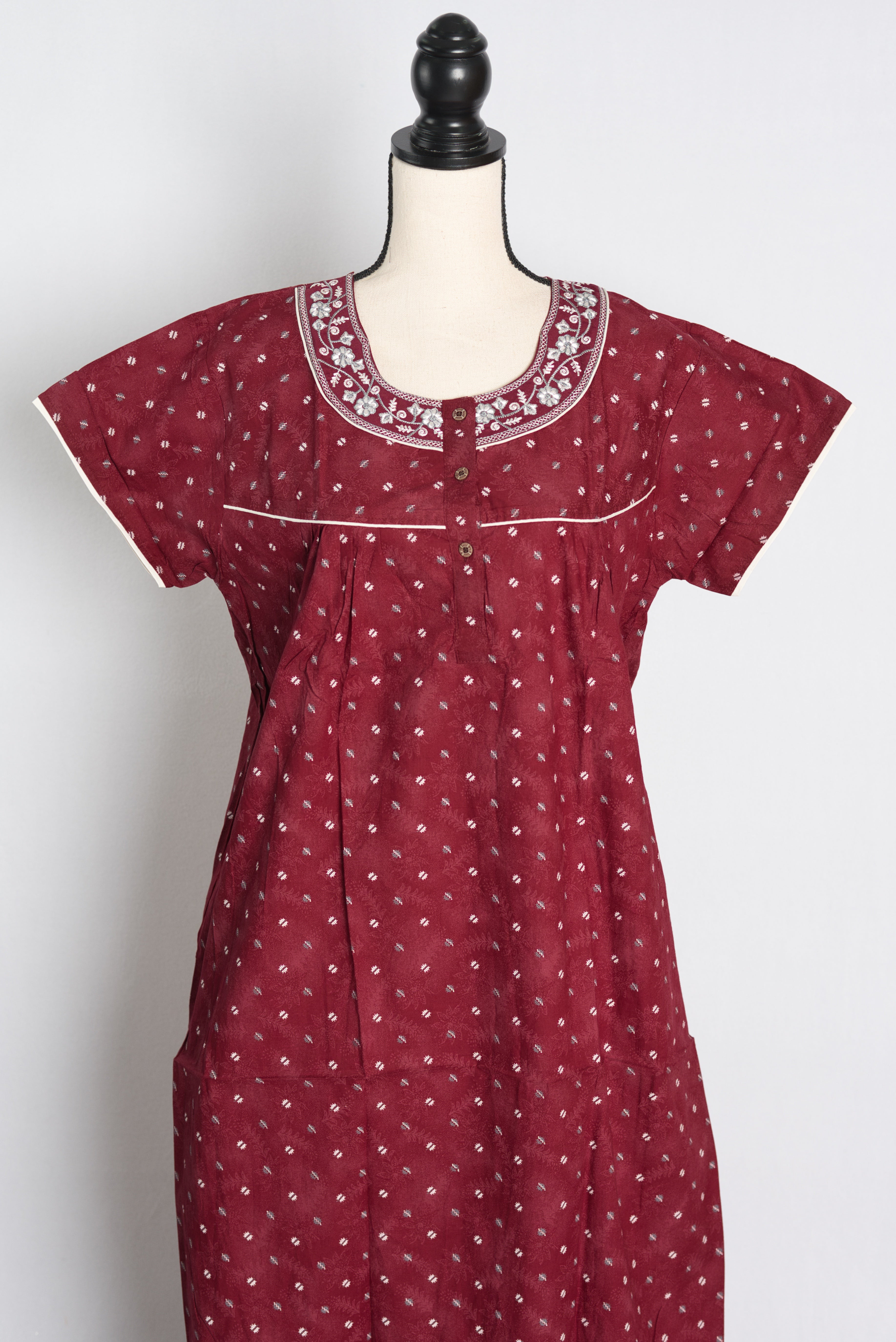 Pure Cotton Maroon Embroidered Indian Nighty