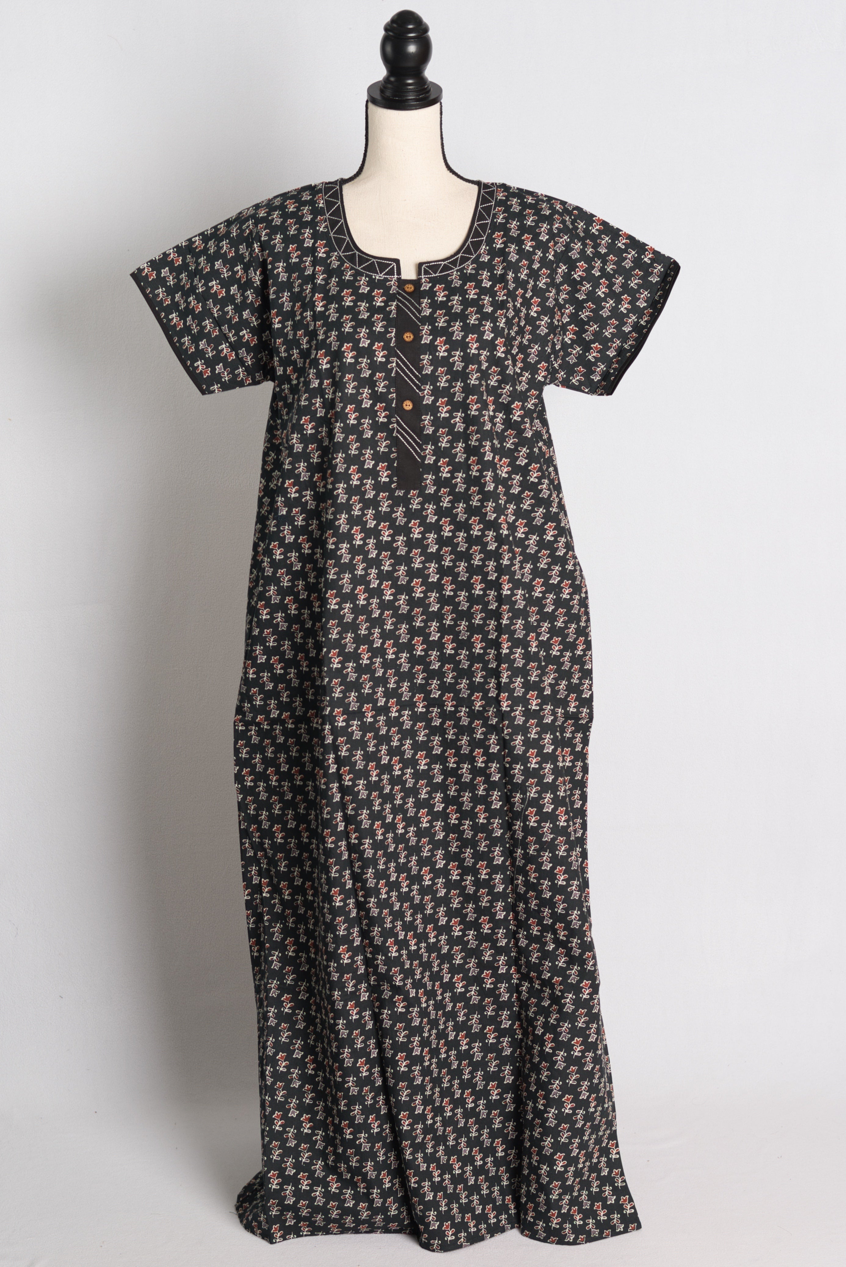 Pure Cotton Black Printed Indian Nighty in Regular Size