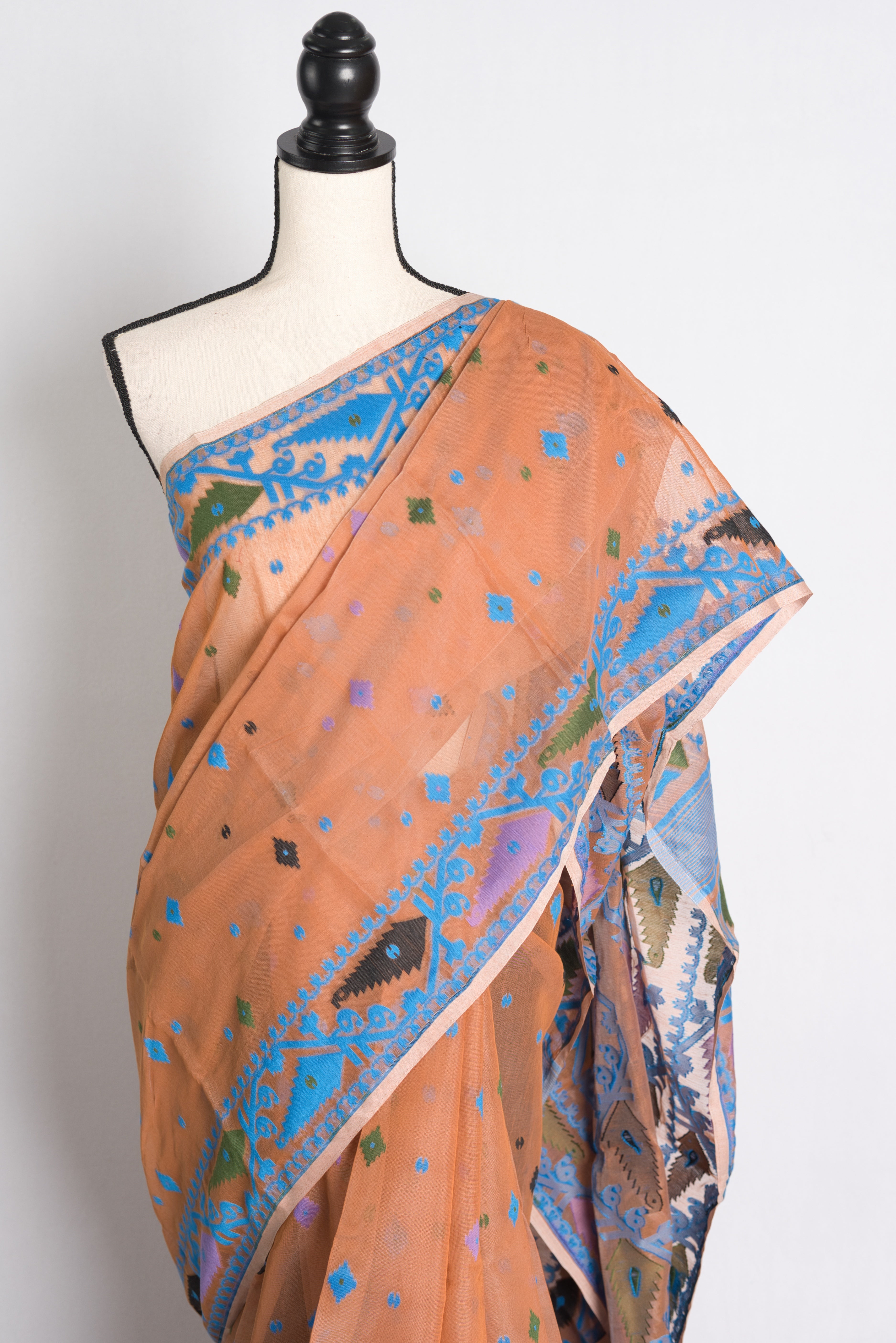 Soft Jamdani Saree in Brown and Blue