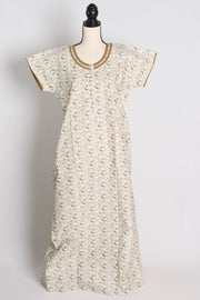 Printed White and Green Cotton Nightwear in Regular Size