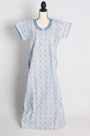 Printed White and Blue Cotton Nightwear in Regular Size