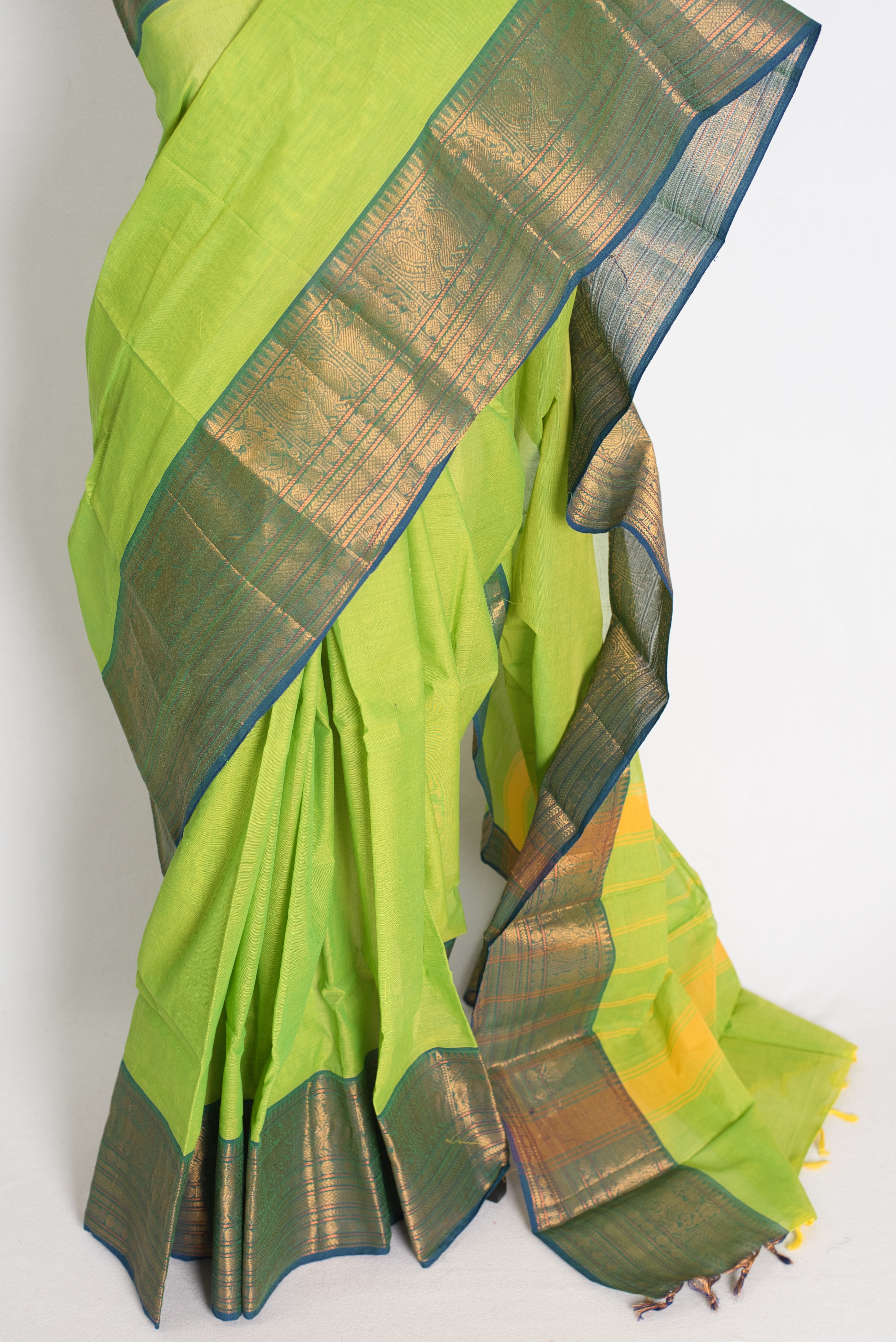 Nalini : Handwoven Kanchi Cotton Saree in Bright Green and Blue