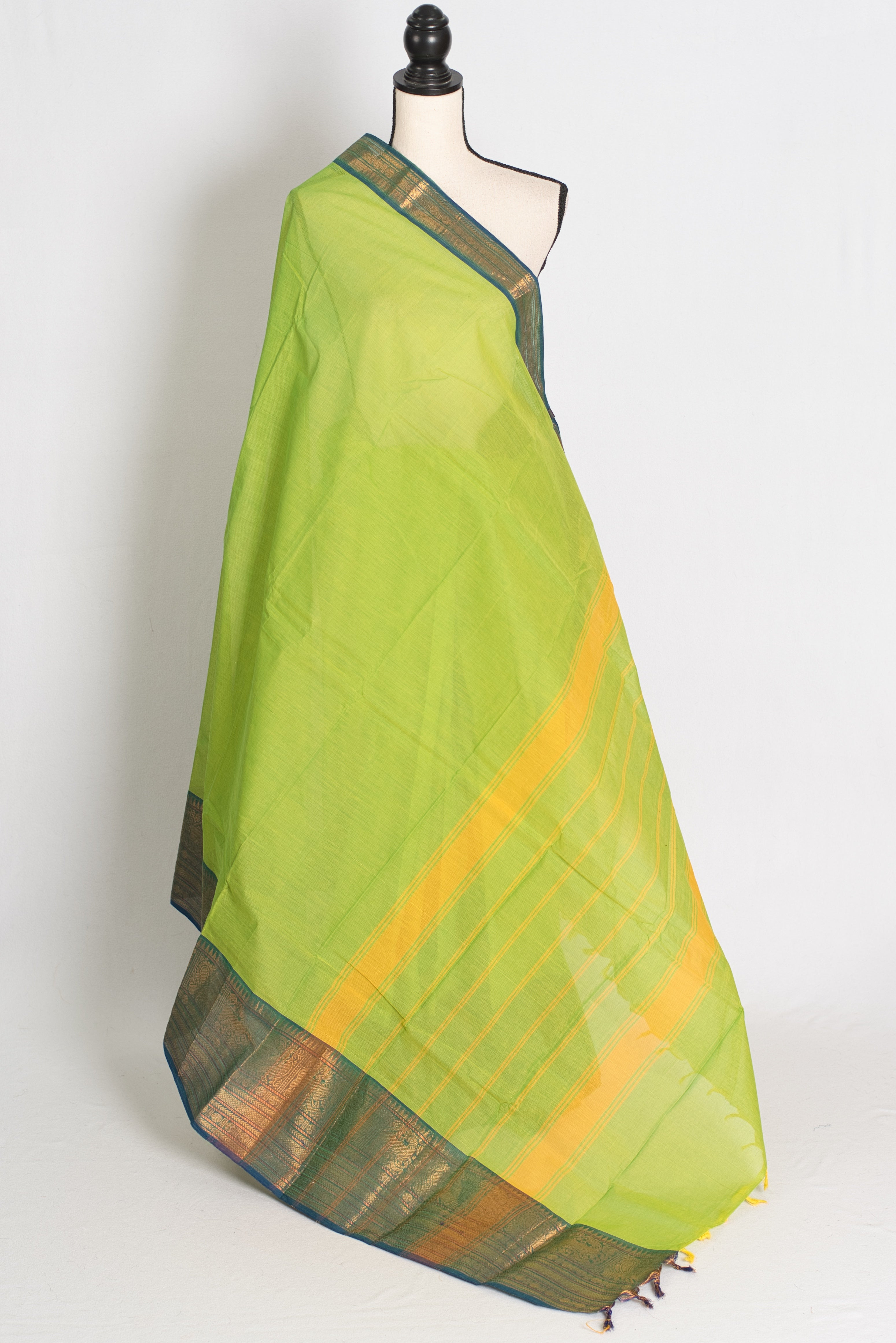Nalini : Handwoven Kanchi Cotton Saree in Bright Green and Blue