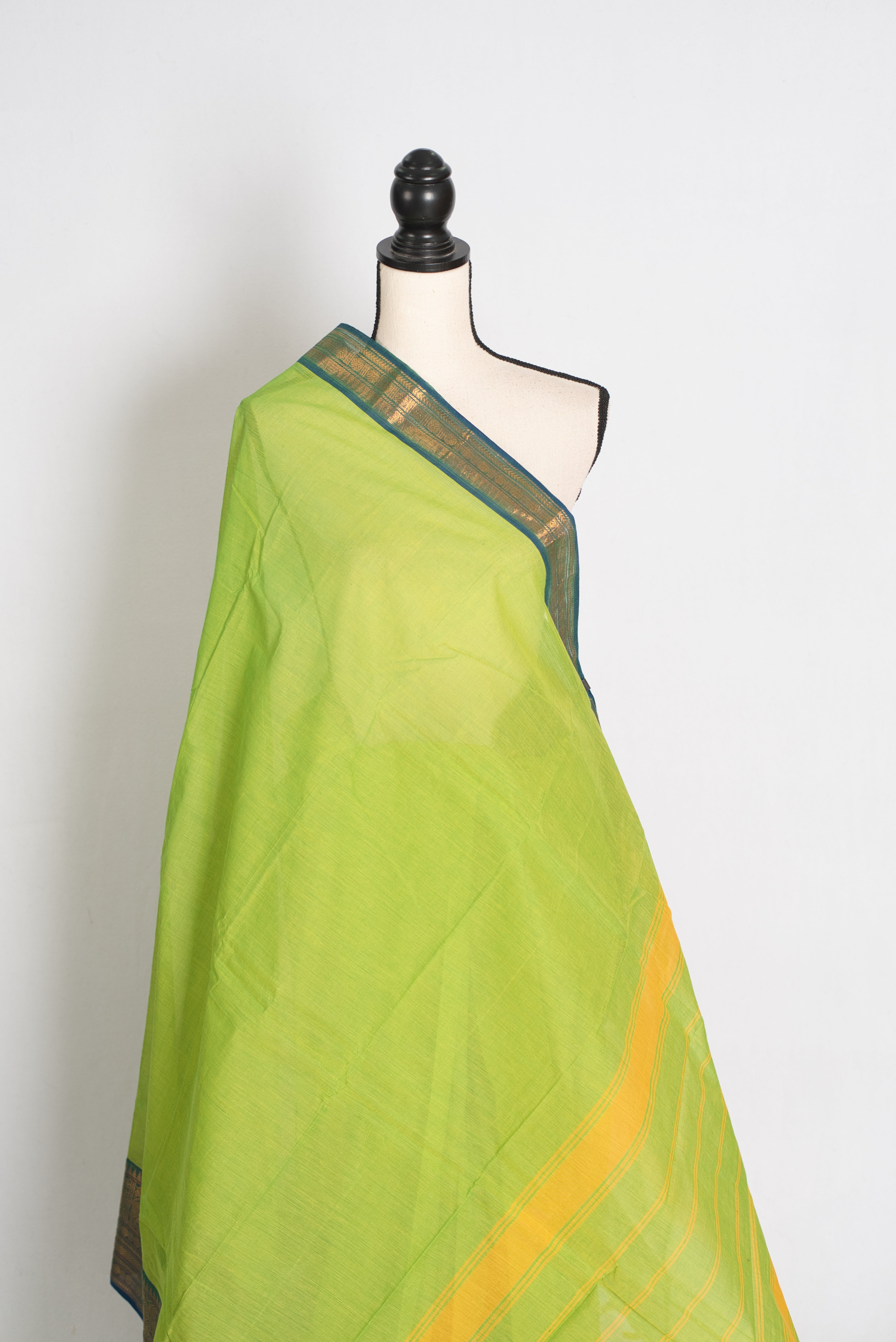 Nalini : Handwoven Kanchi Cotton Saree in Bright Green and Blue