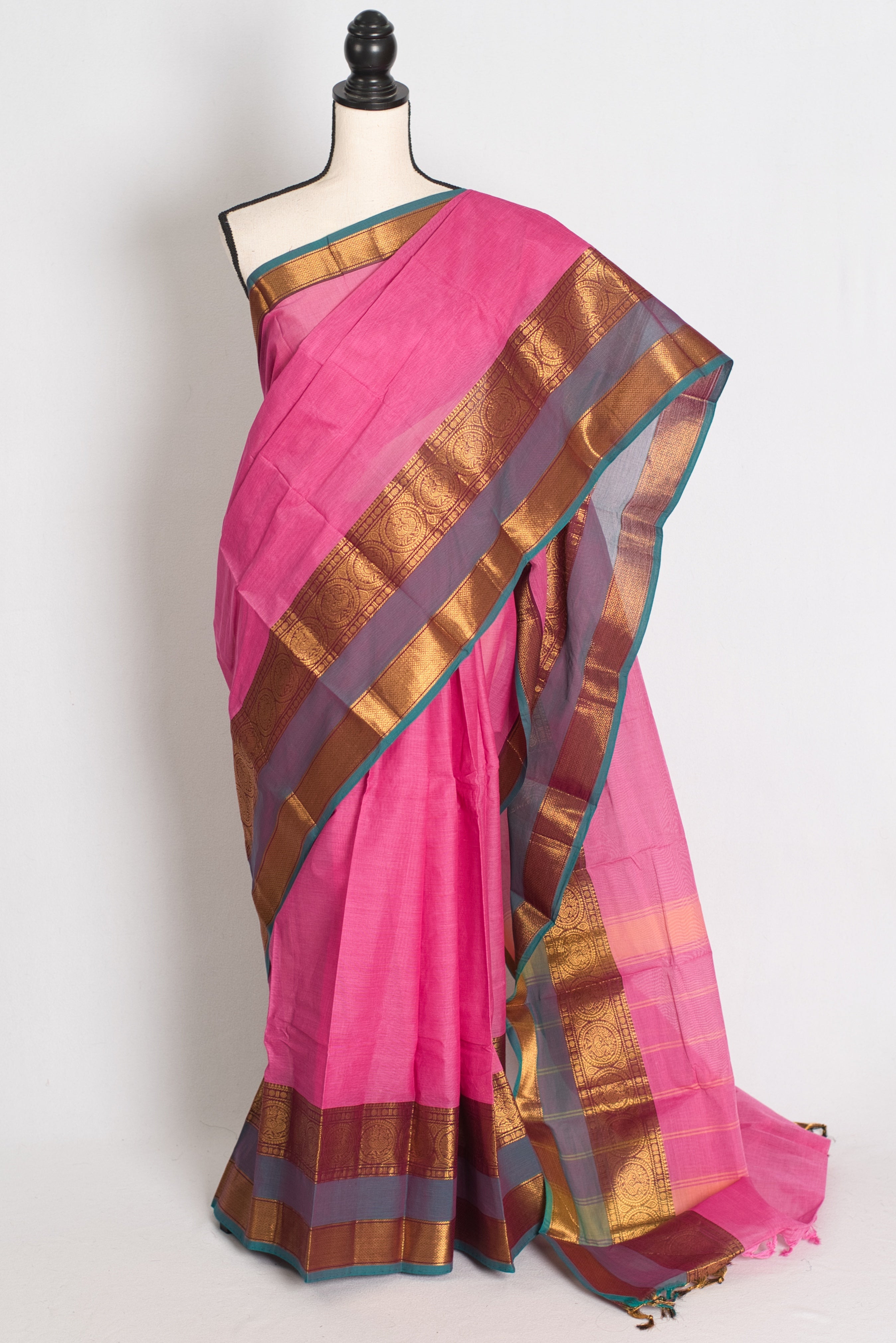 Abira : Handwoven Kanchi Cotton Saree in Pink and Peacock Blue