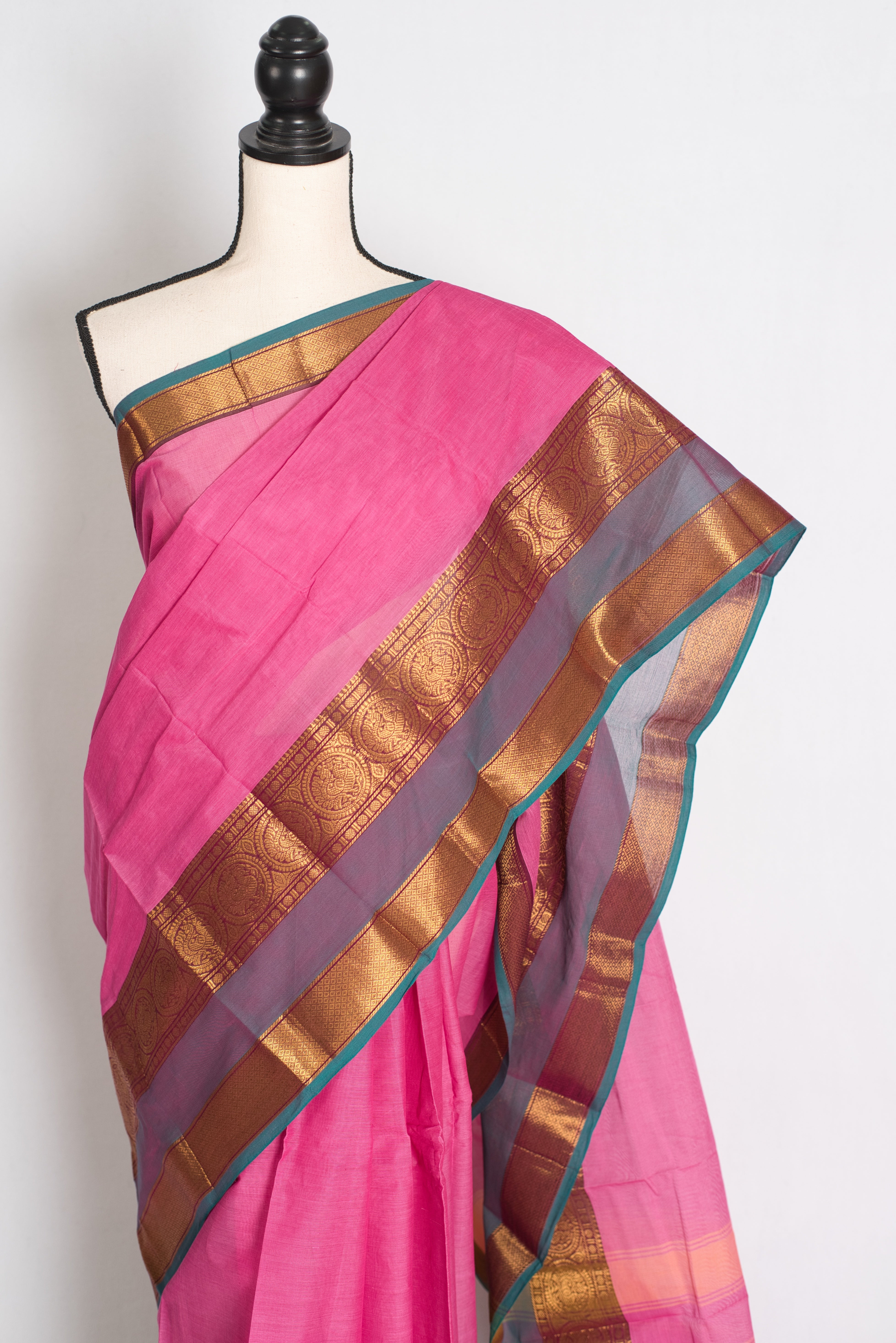 Abira : Handwoven Kanchi Cotton Saree in Pink and Peacock Blue
