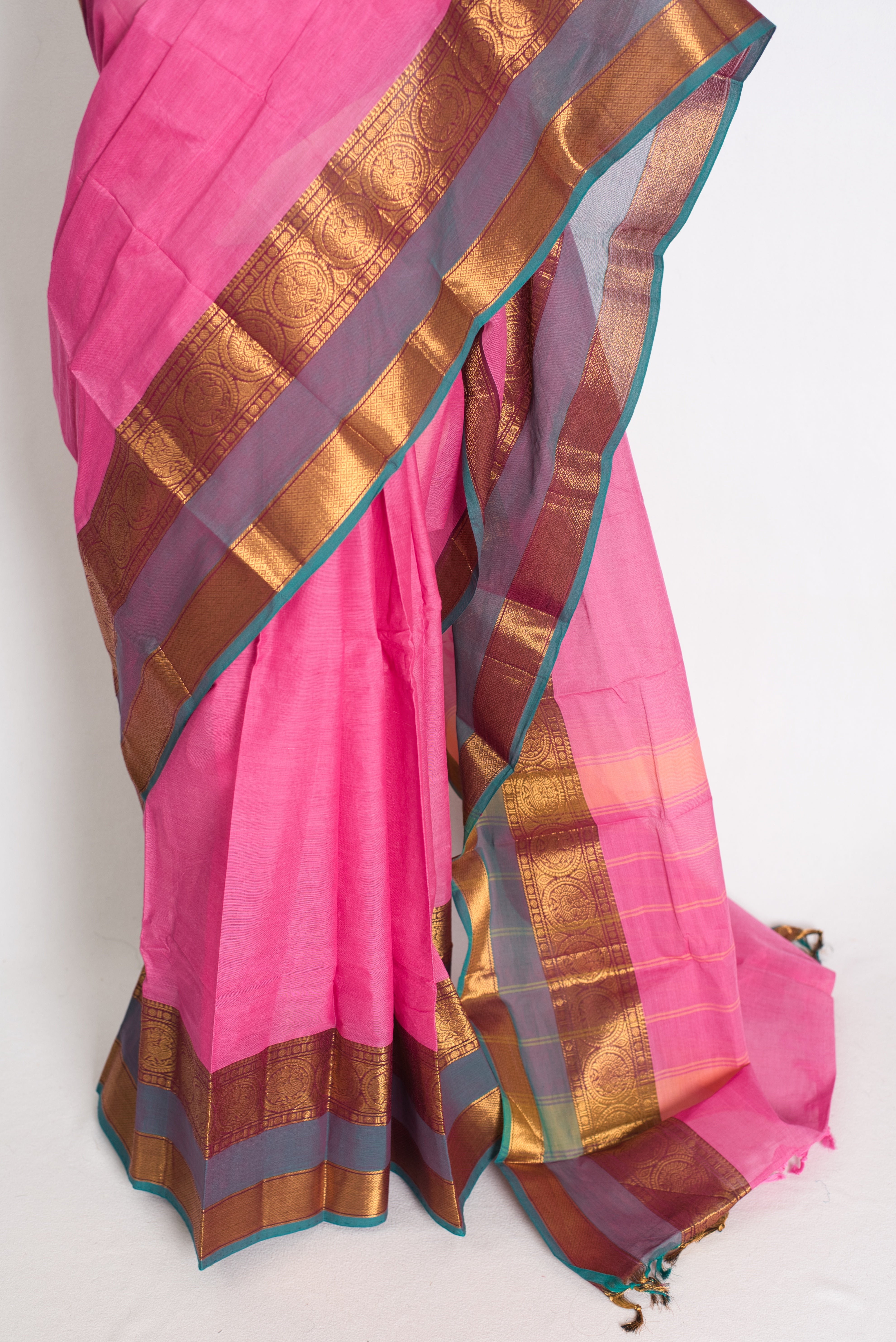 Abira : Handwoven Kanchi Cotton Saree in Pink and Peacock Blue