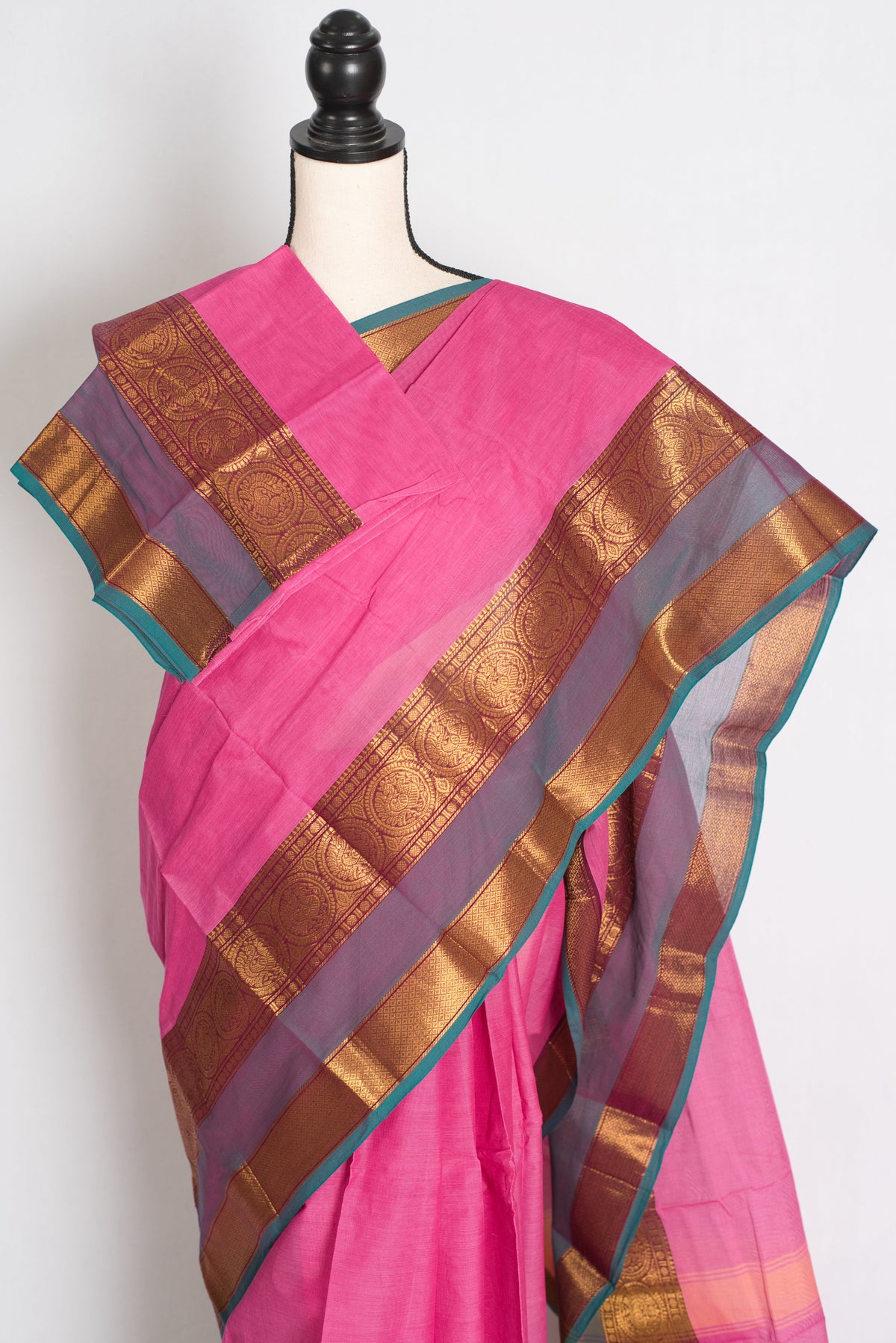 Abira : Handwoven Kanchi Cotton Saree in Pink and Peacock Blue