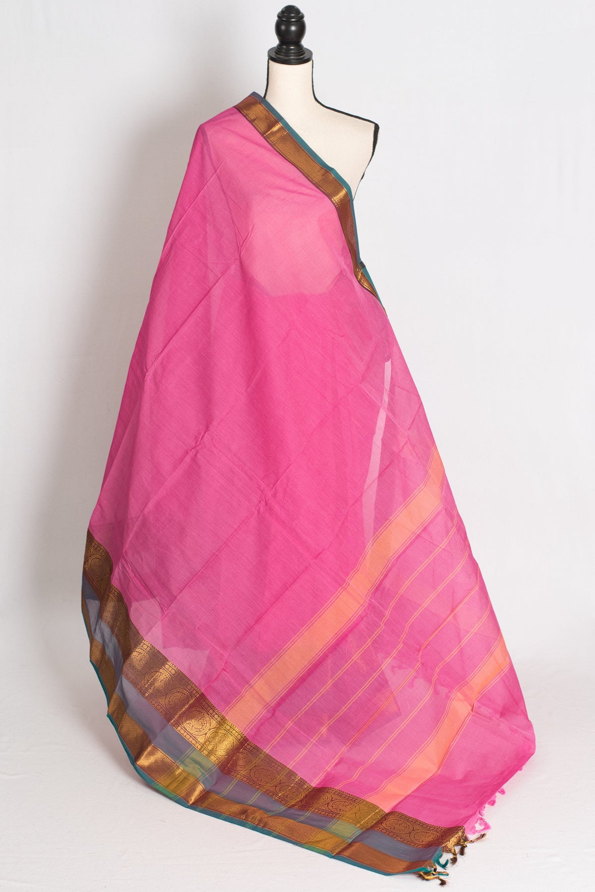 Abira : Handwoven Kanchi Cotton Saree in Pink and Peacock Blue