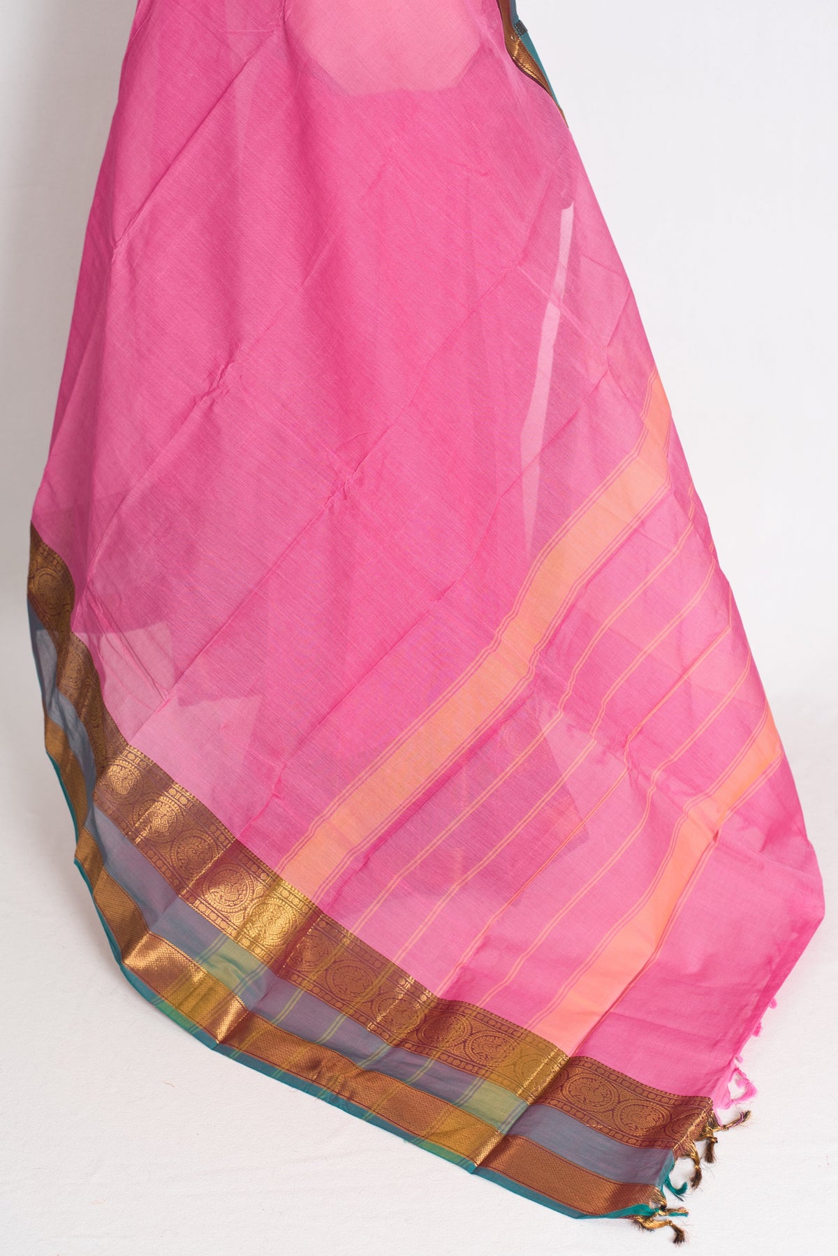 Abira : Handwoven Kanchi Cotton Saree in Pink and Peacock Blue