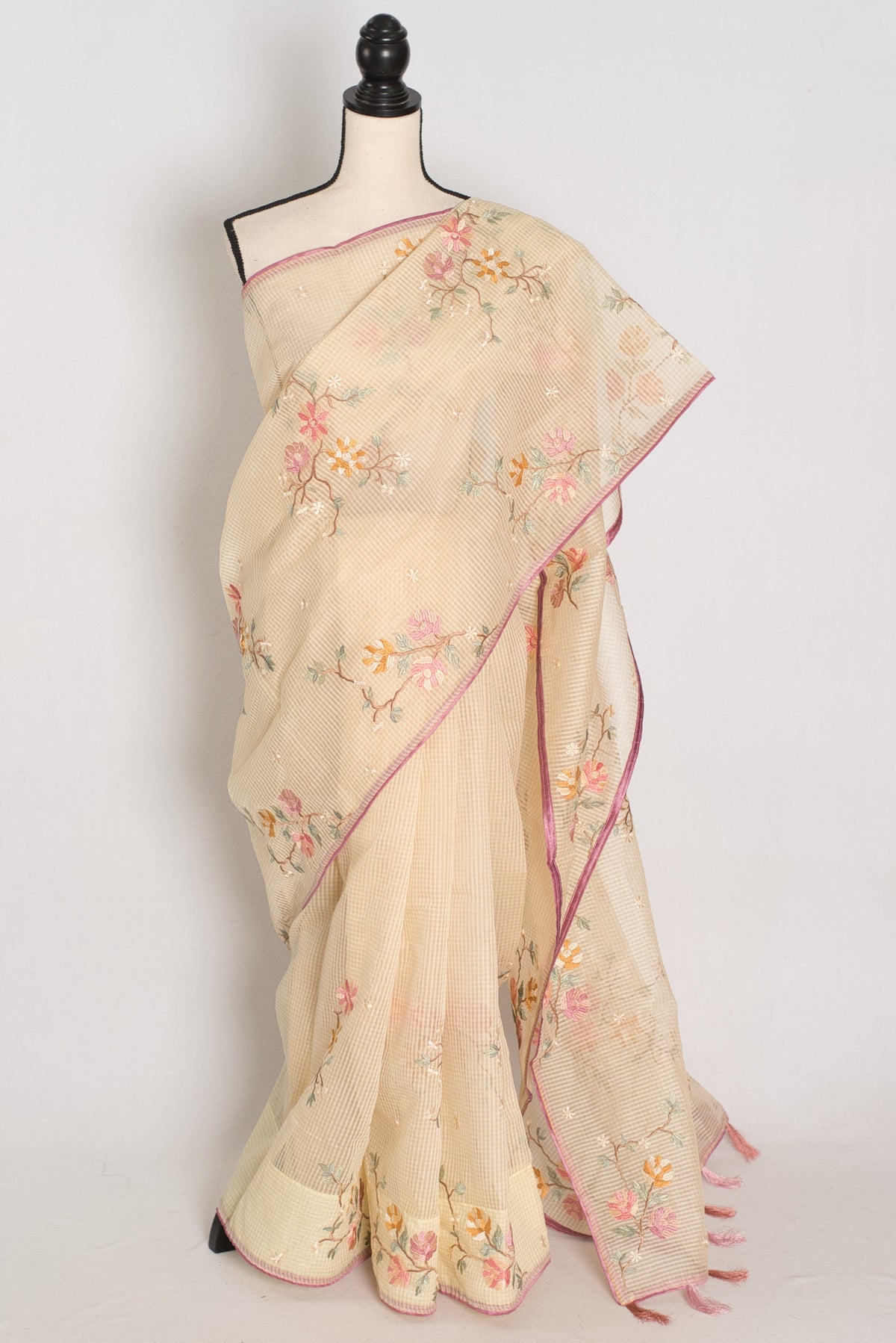 Srija | Yellow Floral Embroidery Blended Cotton Kota Saree