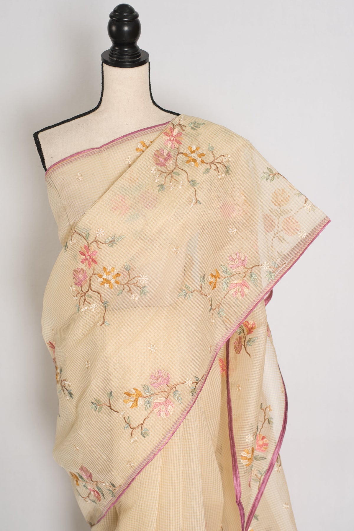 Srija | Yellow Floral Embroidery Blended Cotton Kota Saree