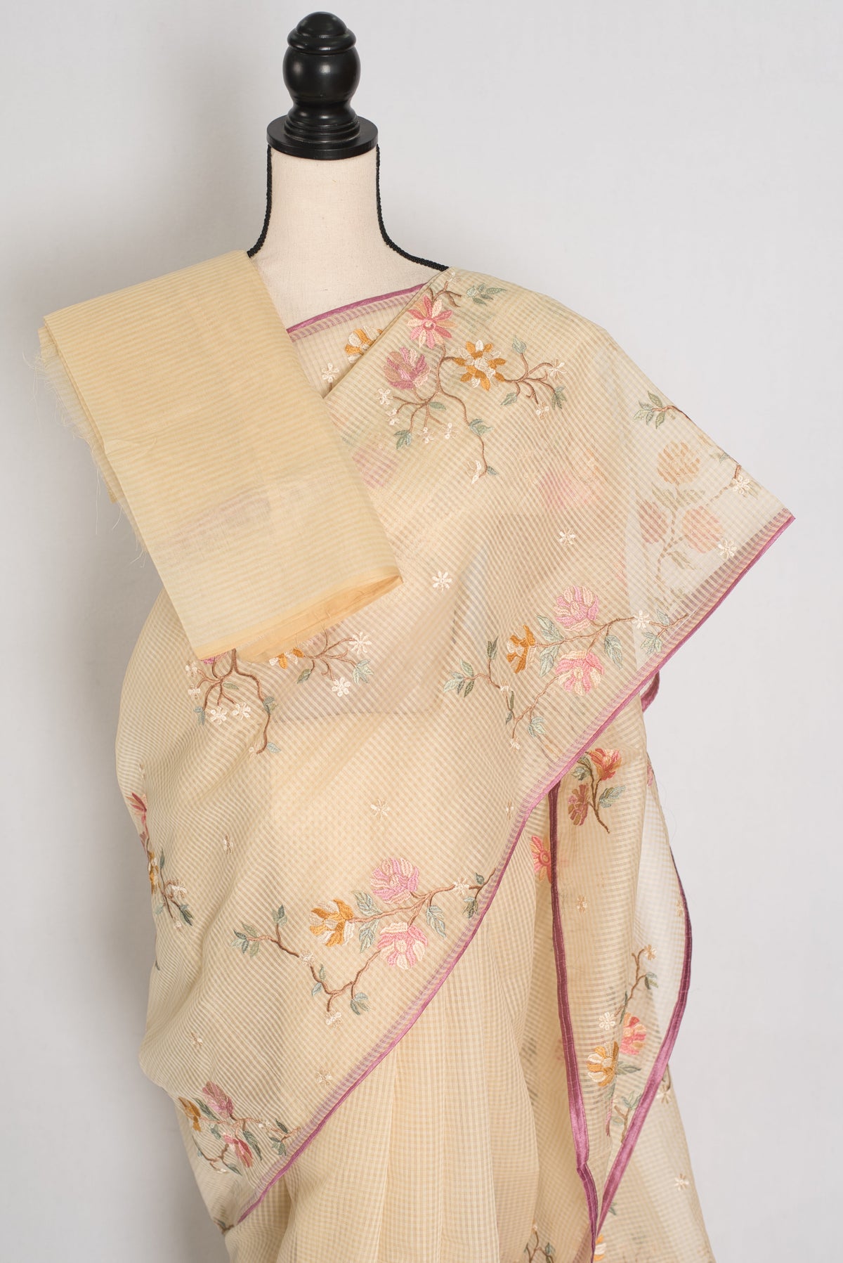 Srija | Yellow Floral Embroidery Blended Cotton Kota Saree