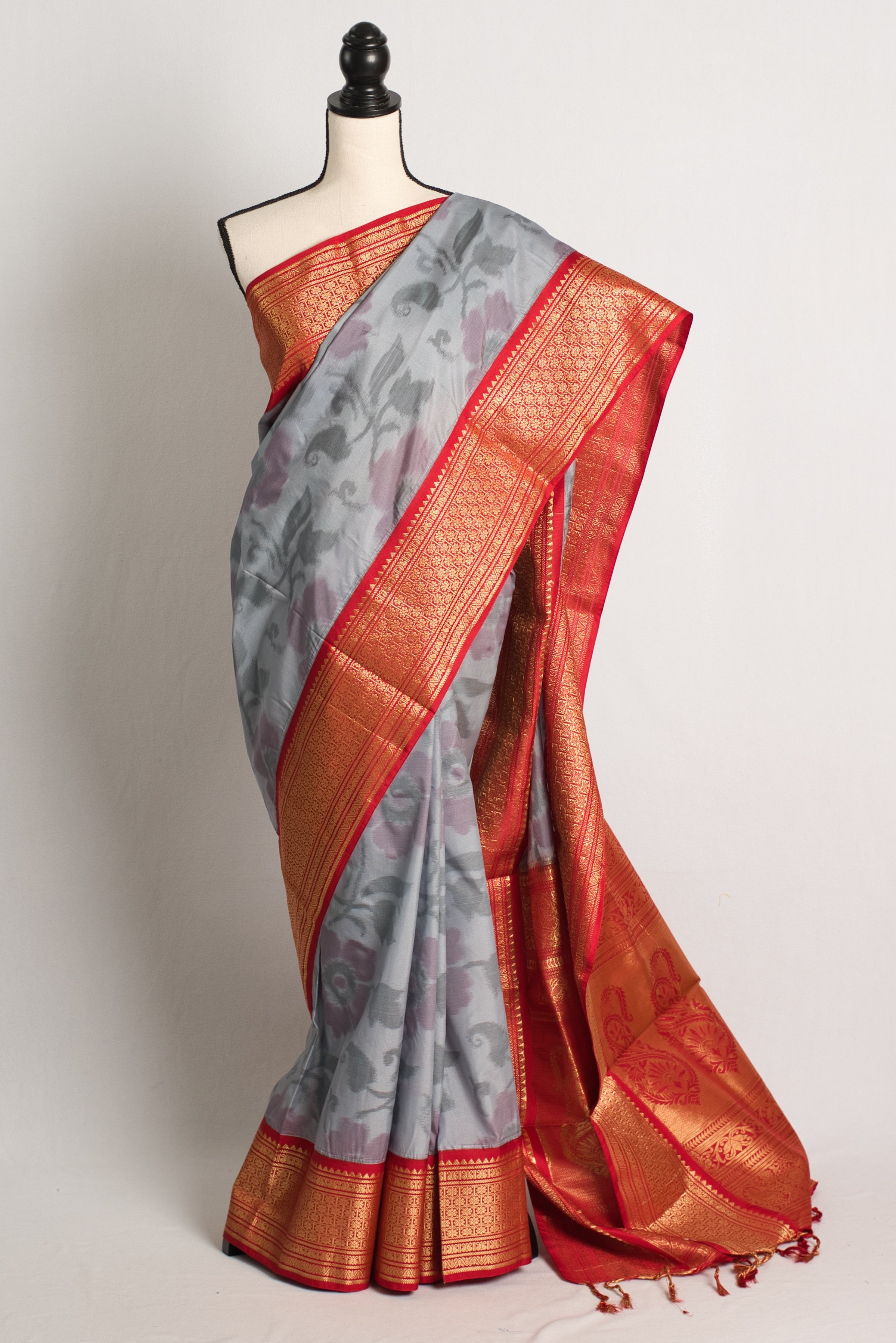 Semi Silk Pochampally Saree in Gray and Red