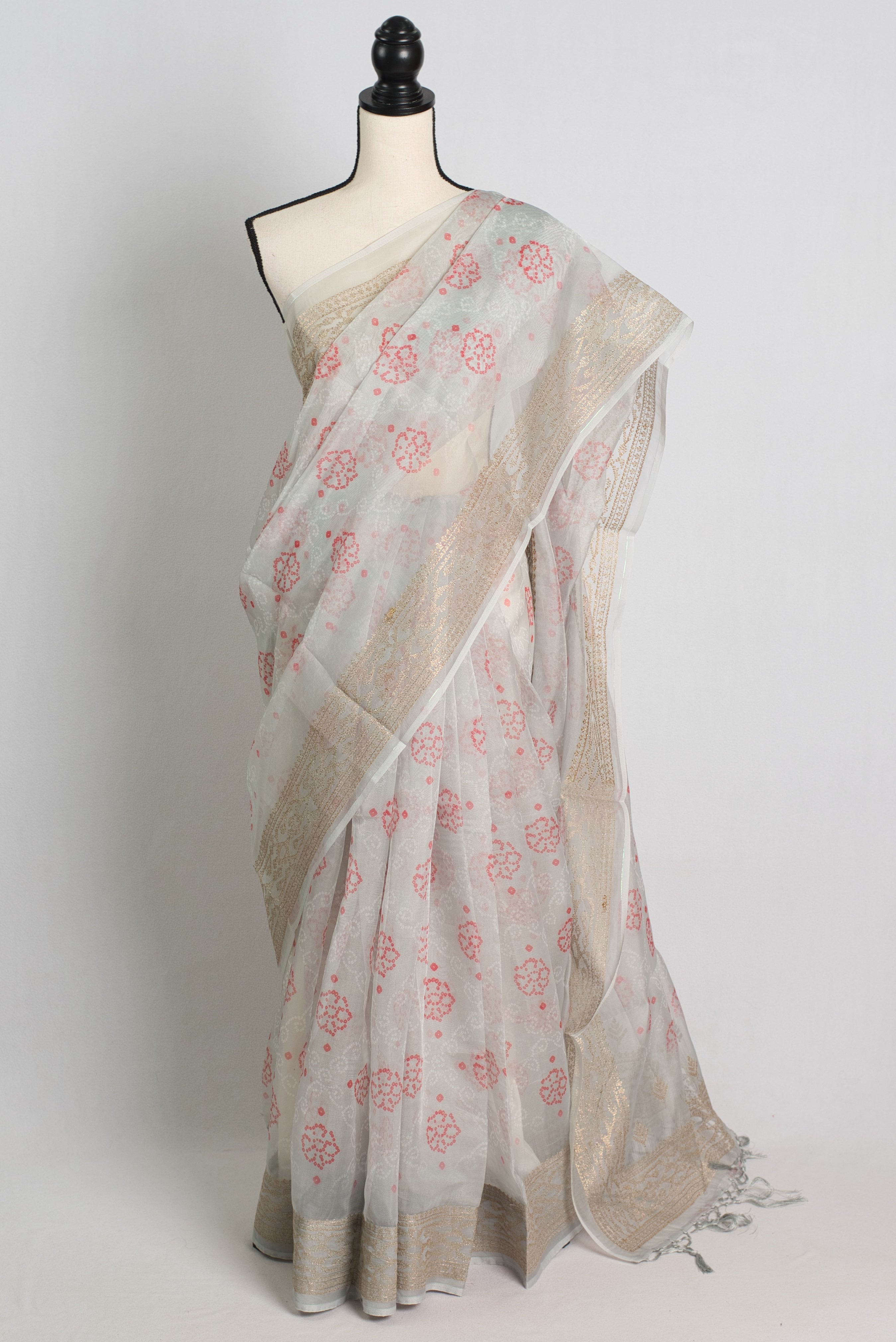 Grey Semi Organza Bandhani Saree with Zari Thread Embroidery Border