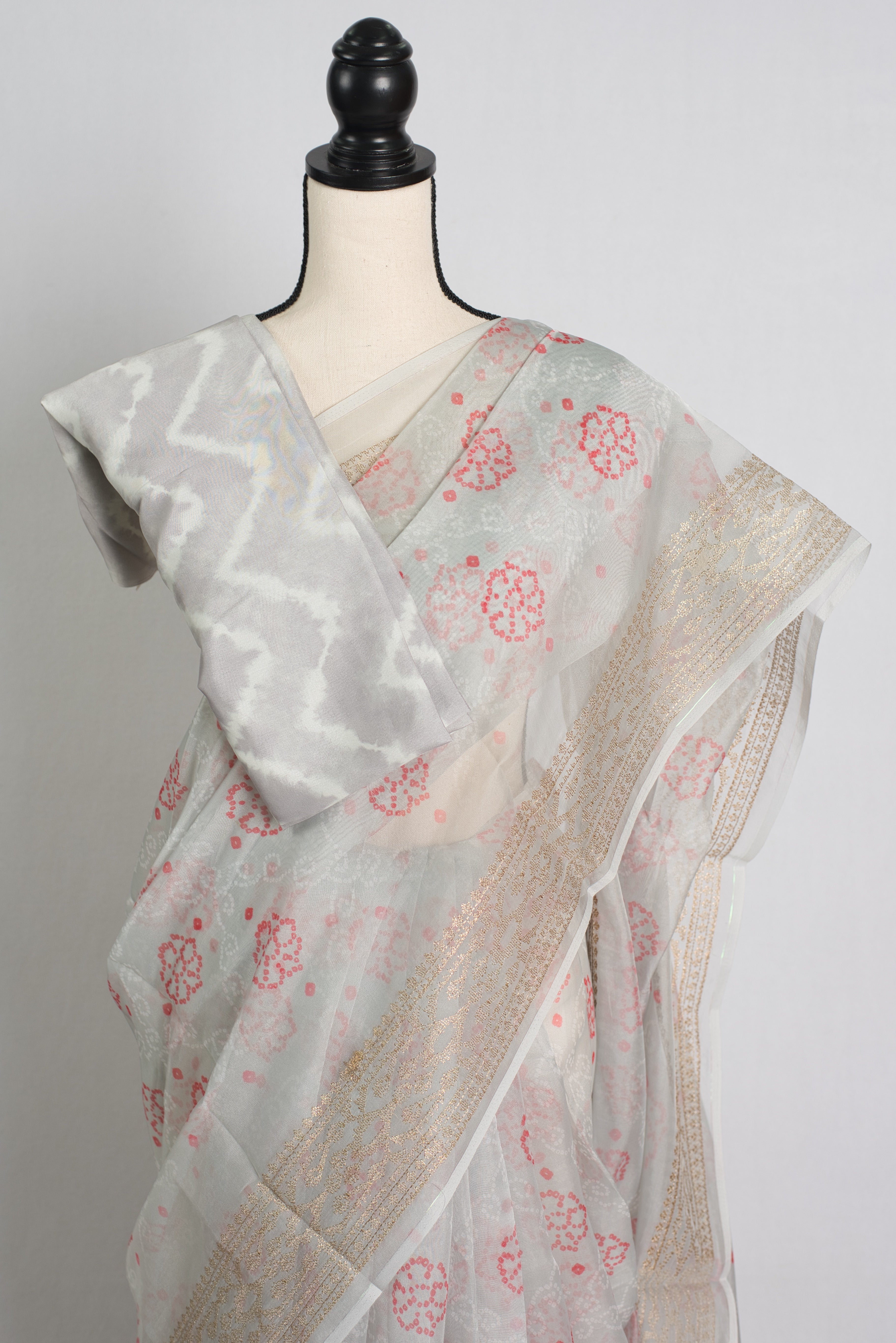 Grey Semi Organza Bandhani Saree with Zari Thread Embroidery Border