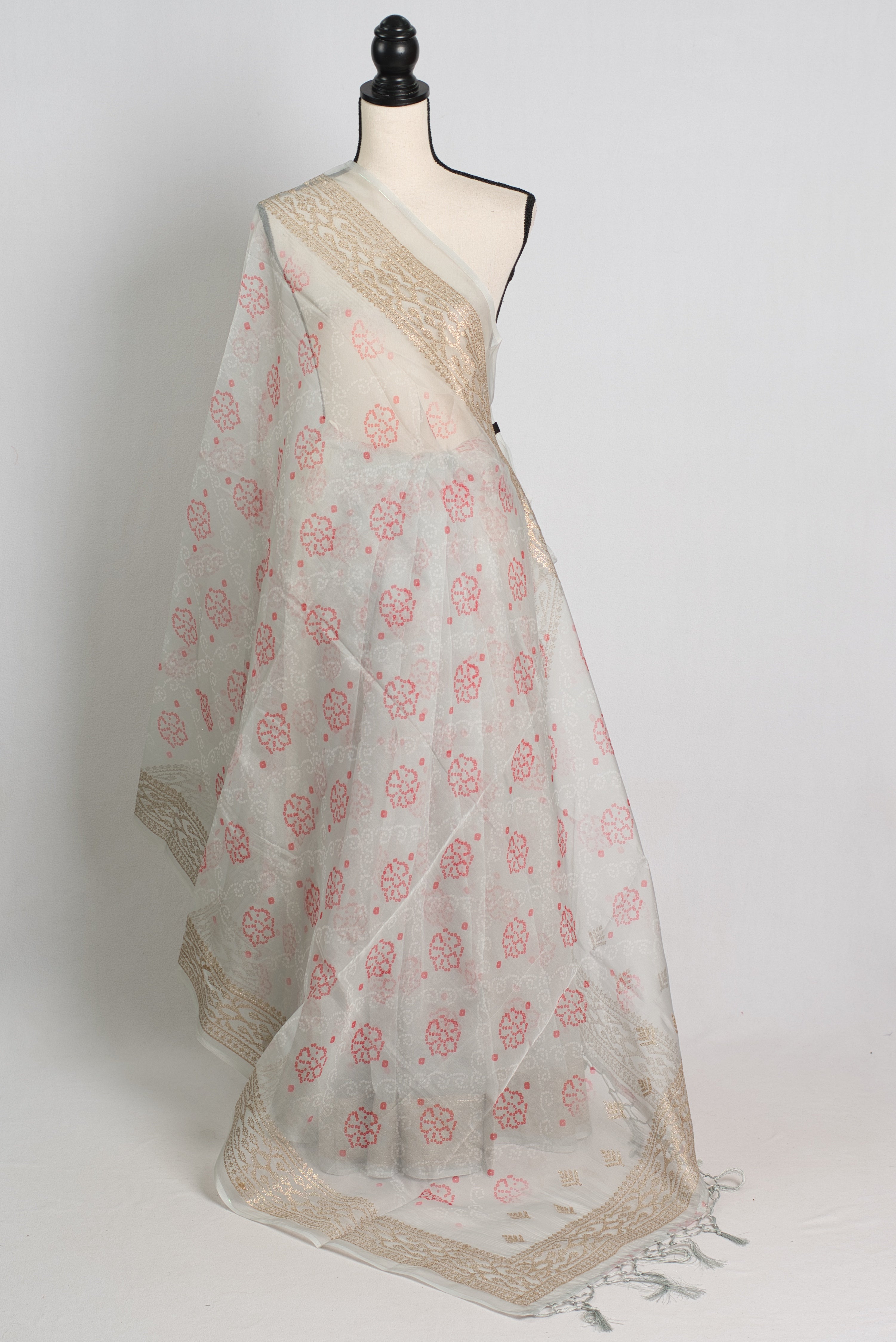 Grey Semi Organza Bandhani Saree with Zari Thread Embroidery Border