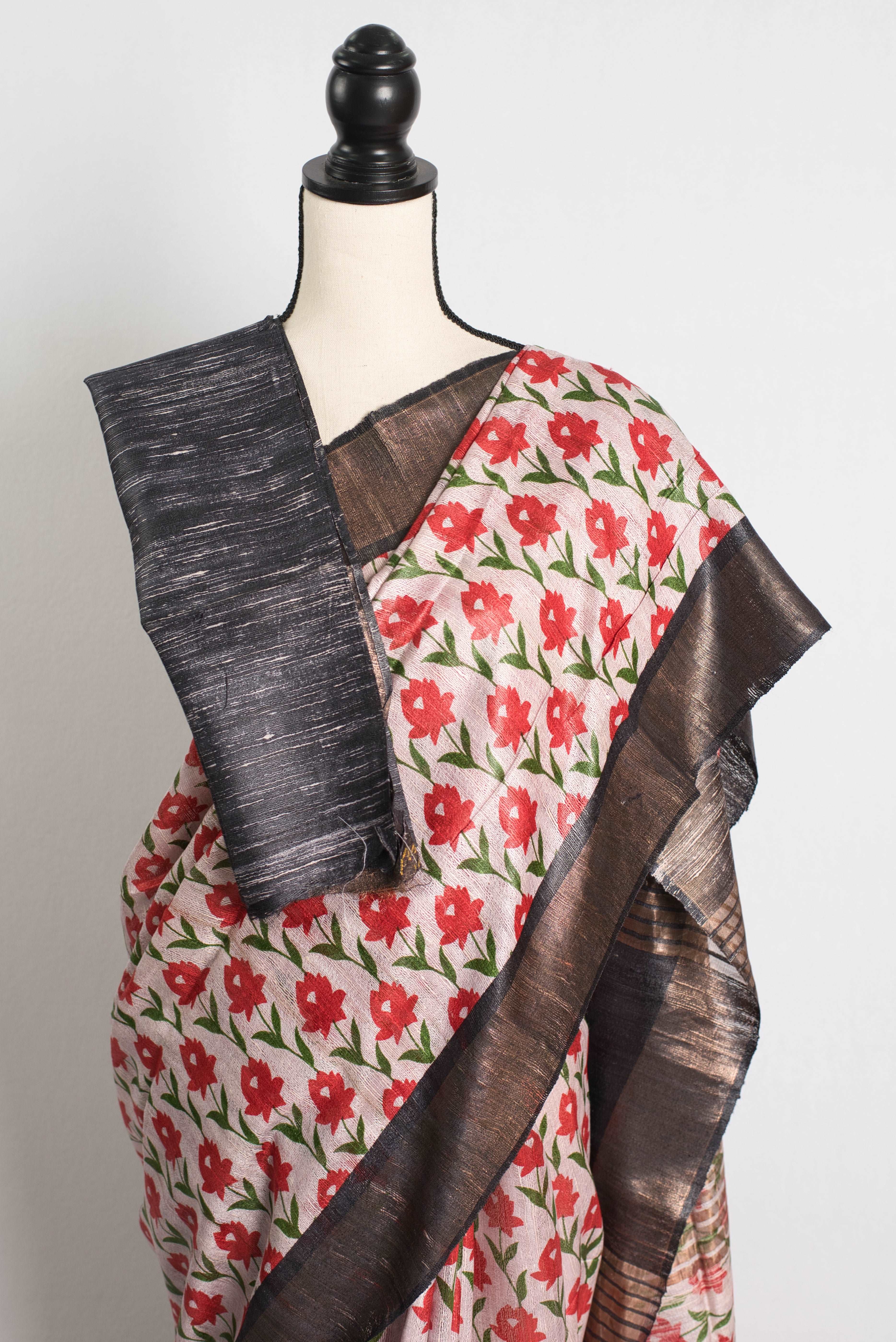 Gicha Tussar Block Printed Saree in Off White, Red and Black