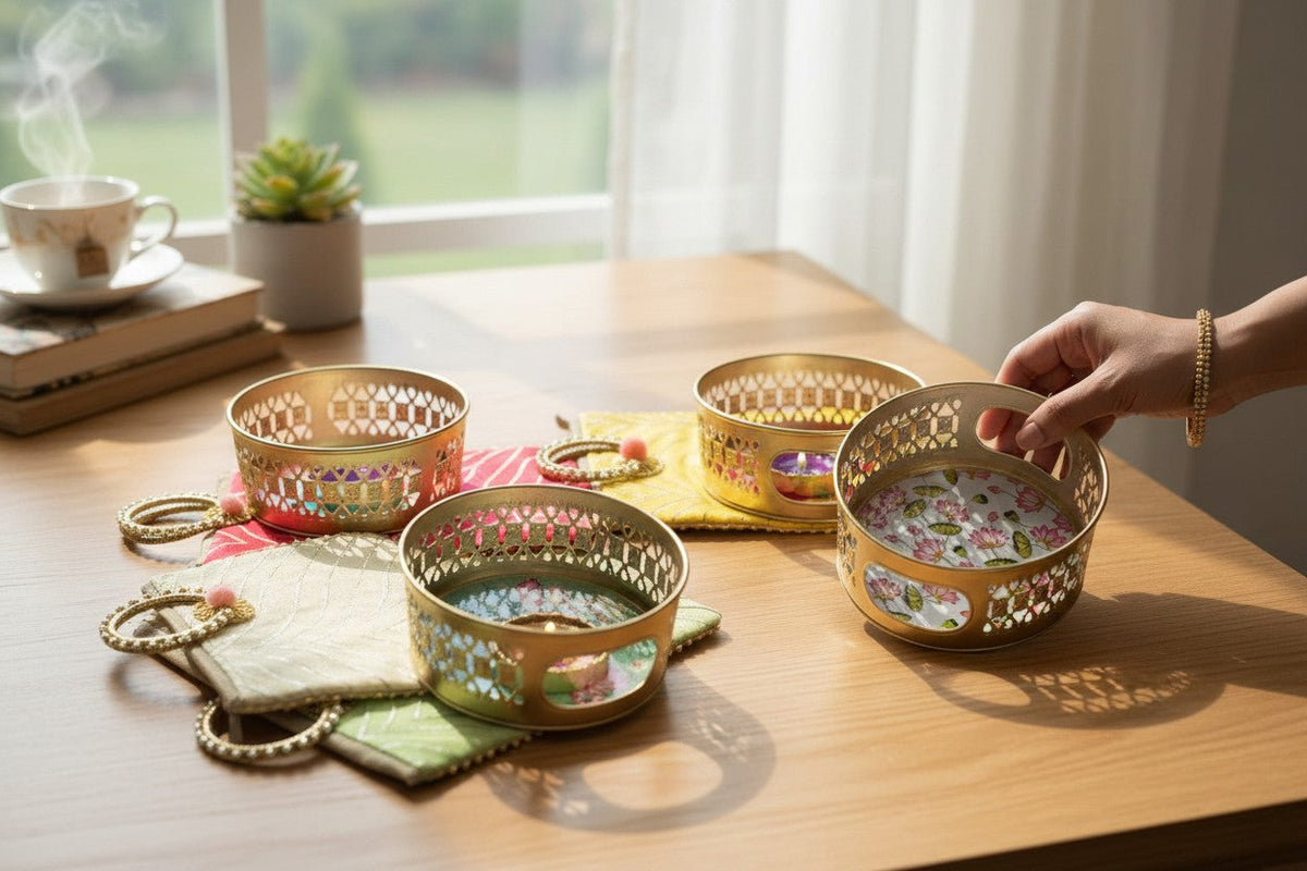 Combo - Designer Floral Print Tray with Gota Bag
