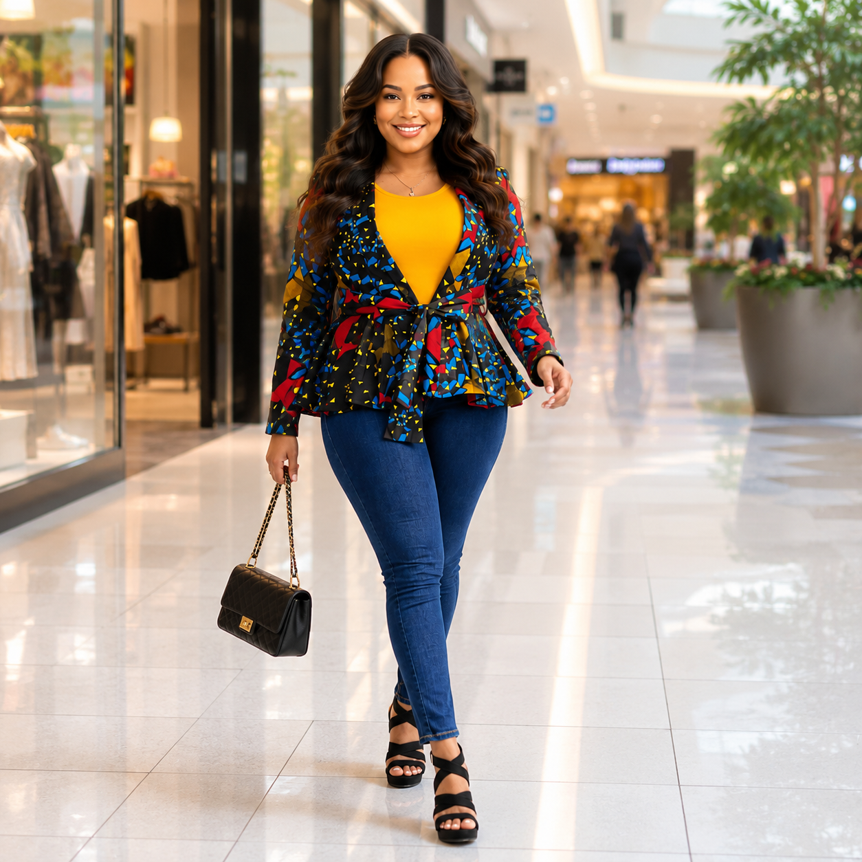 African Print  Long Sleeved Peplum Blouse