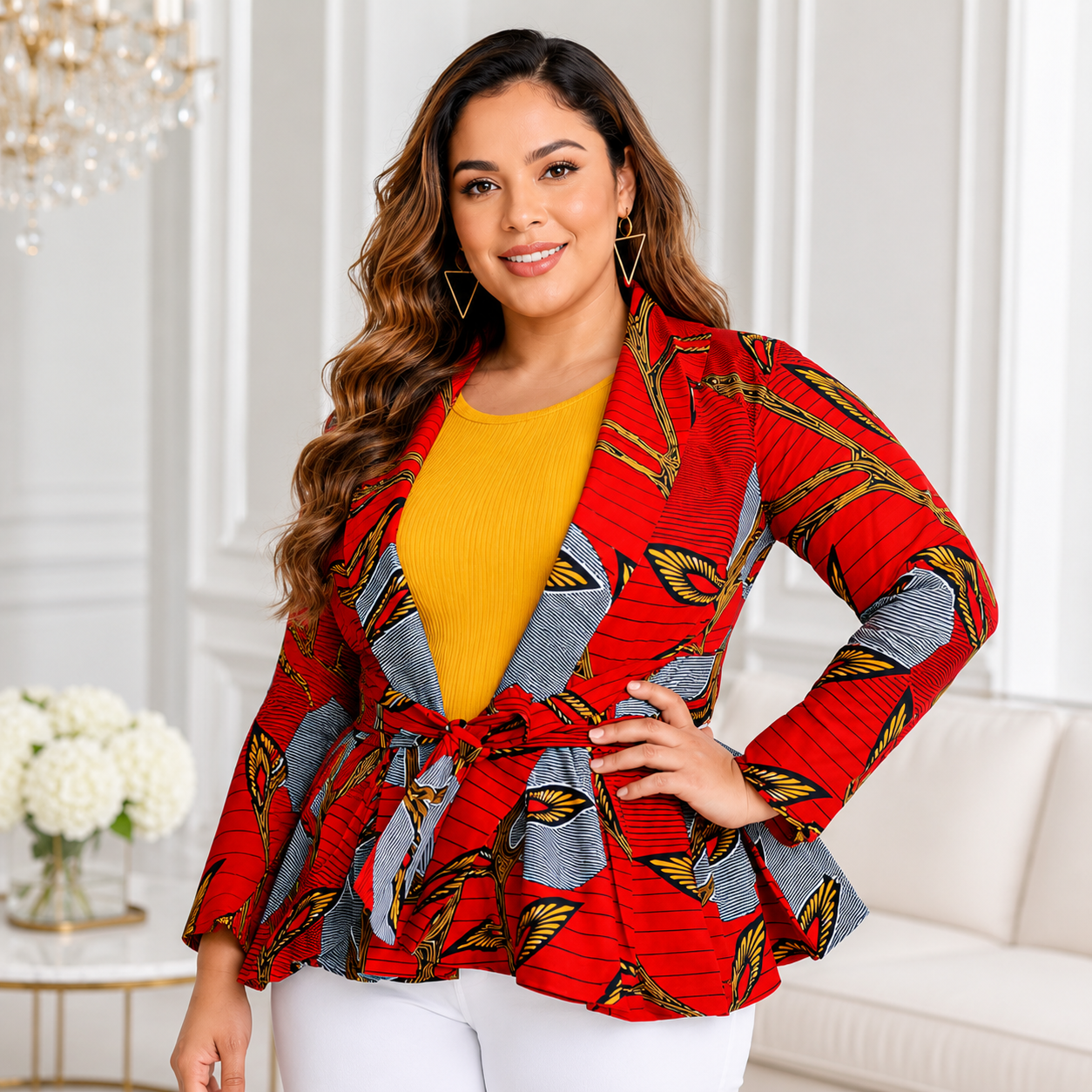 African Print  Long Sleeved Peplum Red Blouse