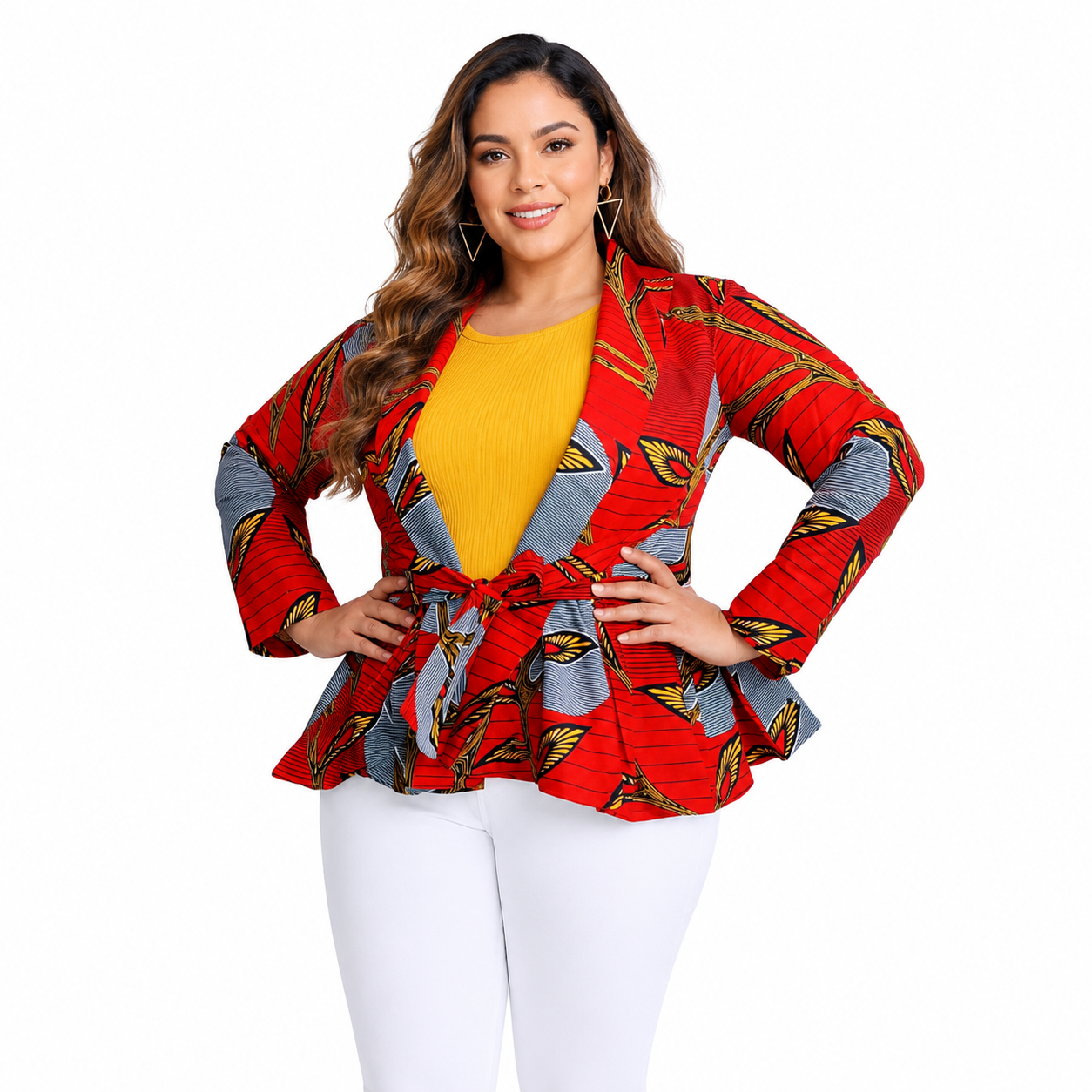 African Print  Long Sleeved Peplum Red Blouse