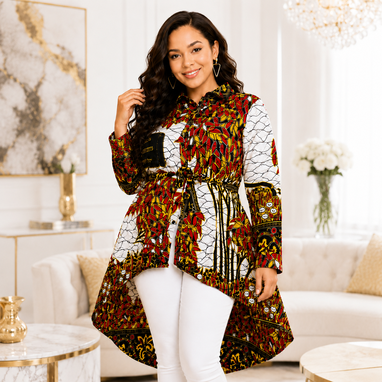 Kente African Print High Low Button up Shirt (White Red honey )