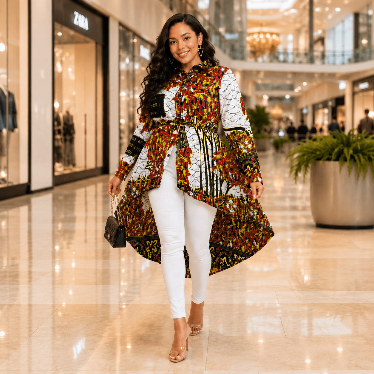 Kente African Print High Low Button up Shirt (White Red honey )