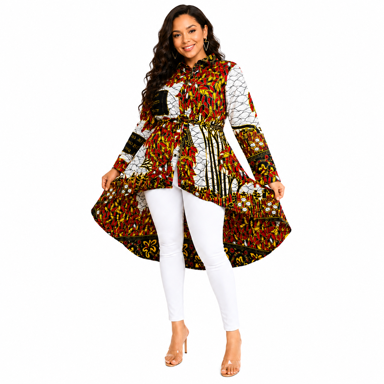 Kente African Print High Low Button up Shirt (White Red honey )