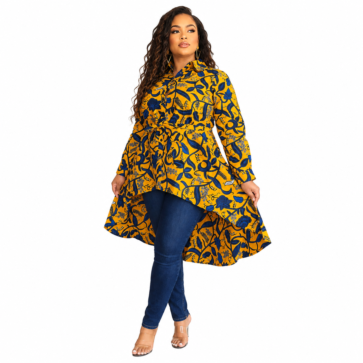 Kente African Print High Low Button up Shirt (Blue Yellow )