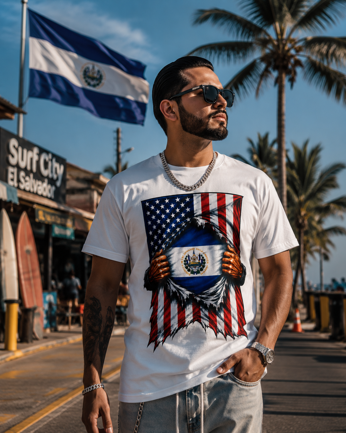 El Salvador Flag + USA Flag Pride T-shirt | Salvadorian + American Flag Rip 4th Of July | Funny Viral Latino Tees | Unisex - 4 Colors