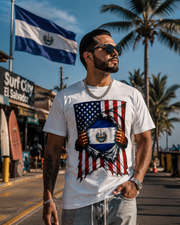 El Salvador Flag + USA Flag Pride T-shirt | Salvadorian + American Flag Rip 4th Of July | Funny Viral Latino Tees | Unisex - 4 Colors