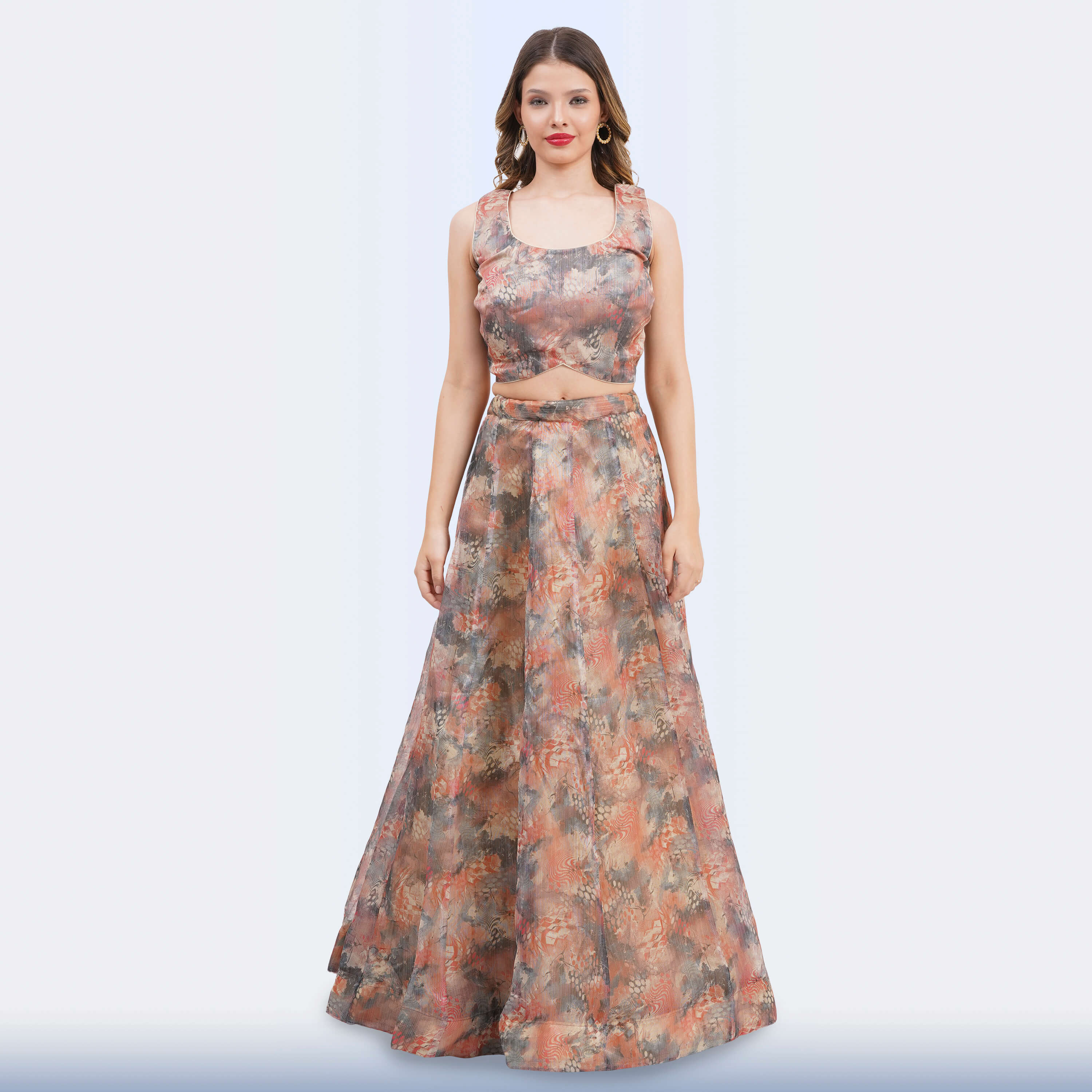 Elegant Floral Print Lehenga Choli & Blue Dupatta