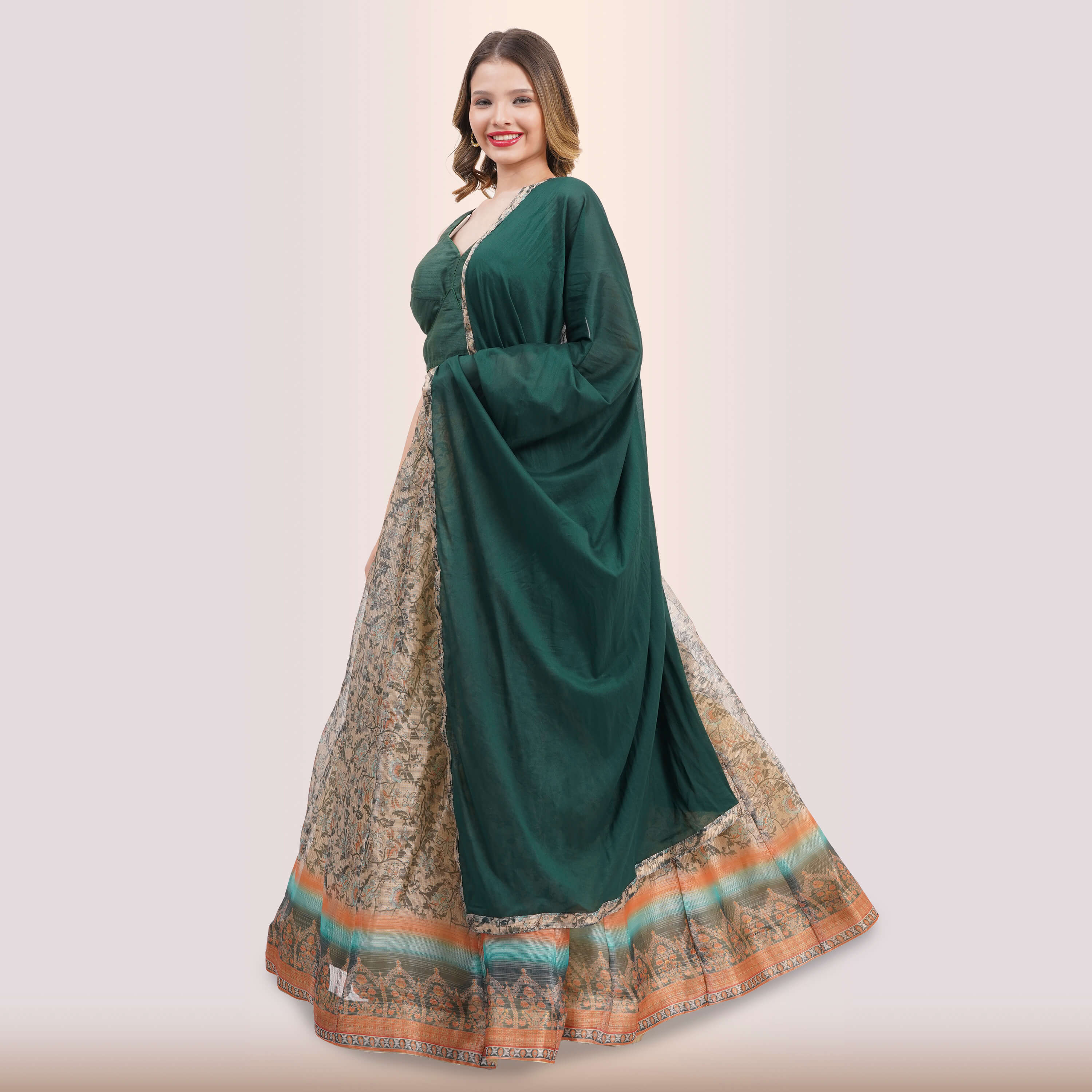 Emerald Green Lehenga & Traditional Print Skirt